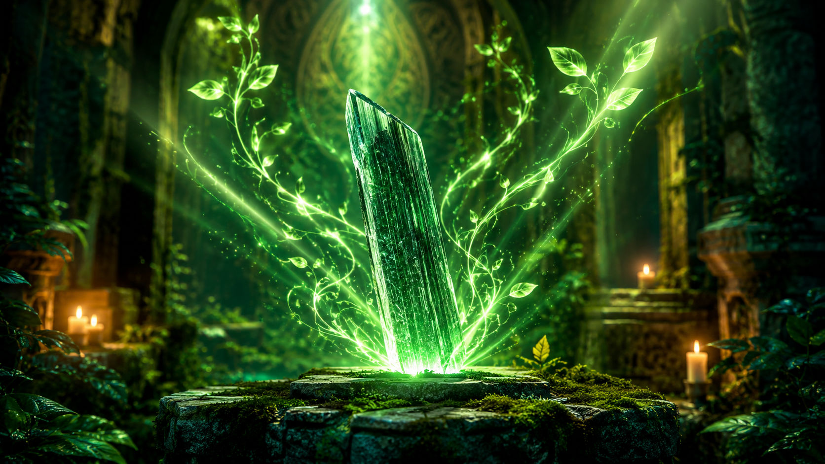 Cristal de Cianita Verde emitiendo luz esmeralda para conectar con la energía de la naturaleza.