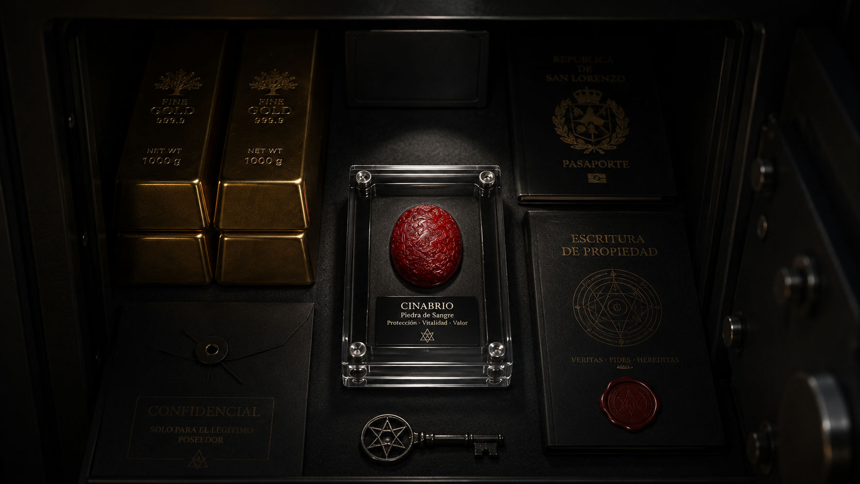 Cabujón de Cinabrio encapsulado en la caja fuerte actuando como imán de riqueza en Umbral Astral.
