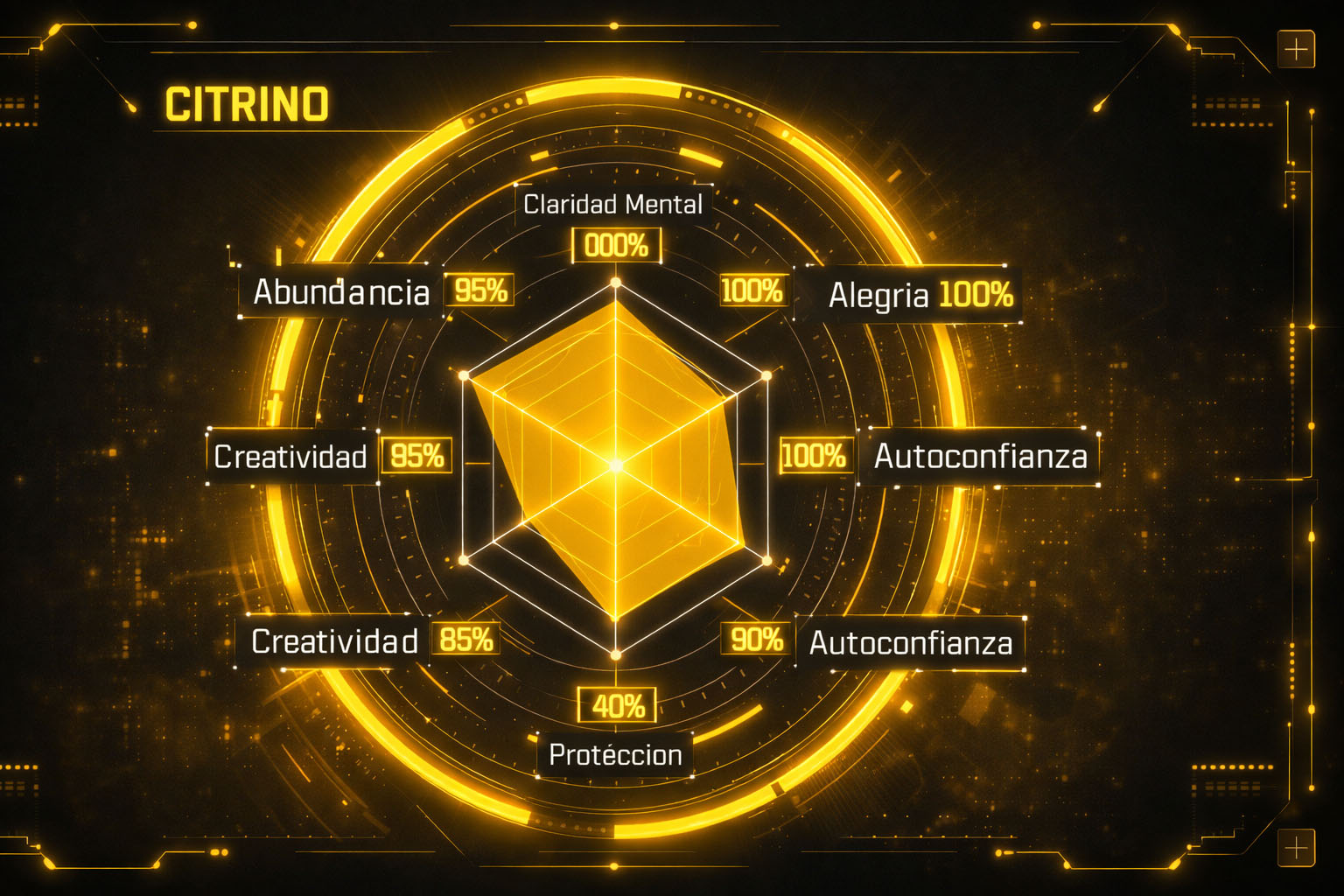 Gráfico de radar del Citrino destacando su máxima puntuación en alegría y claridad mental.