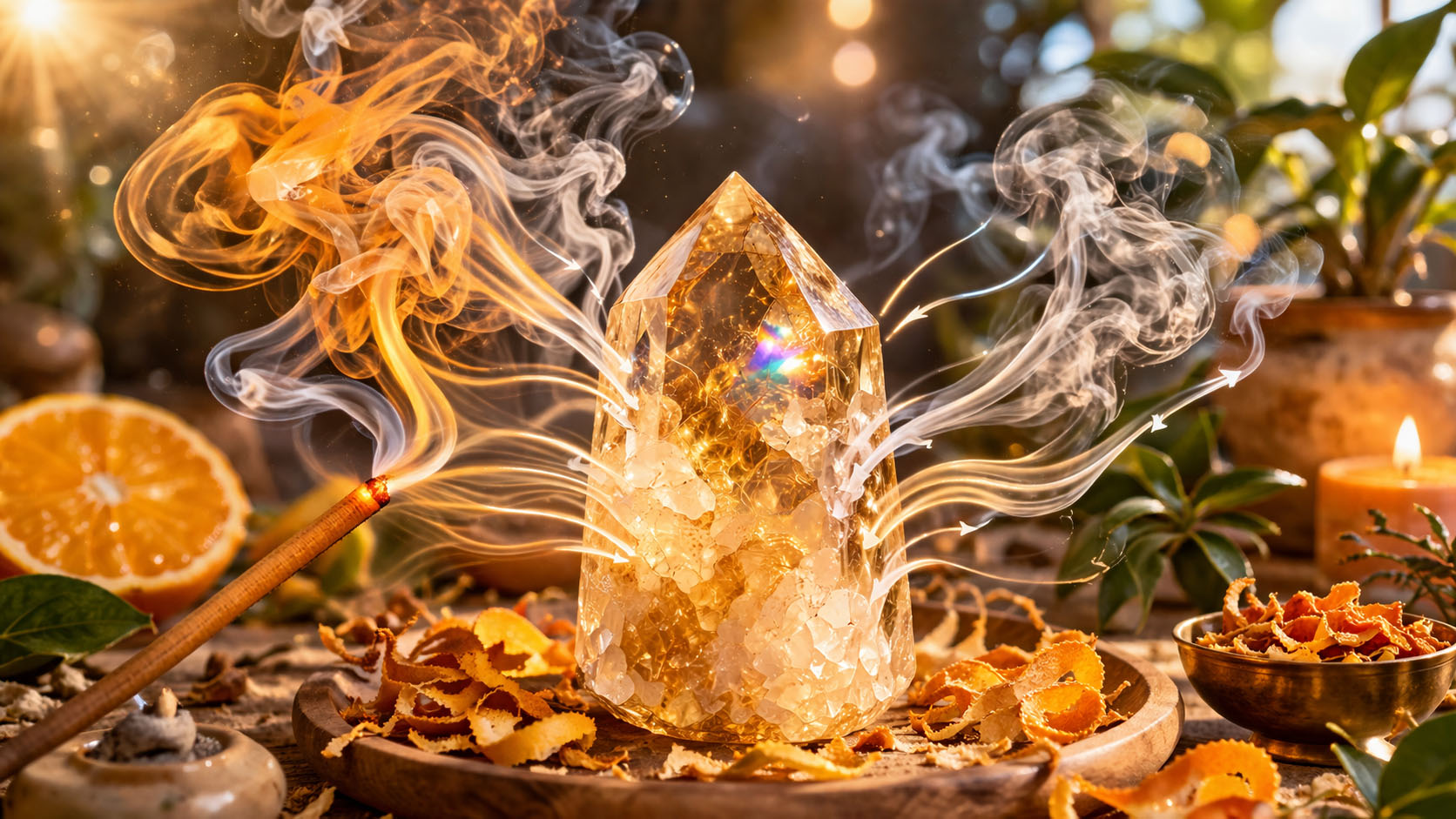 Pasa la piedra por el humo de incienso de naranja o limón para sintonizar su frecuencia con la alegría. Este método refuerza su propiedad de transmutación y lo deja con una vibración ligera.
