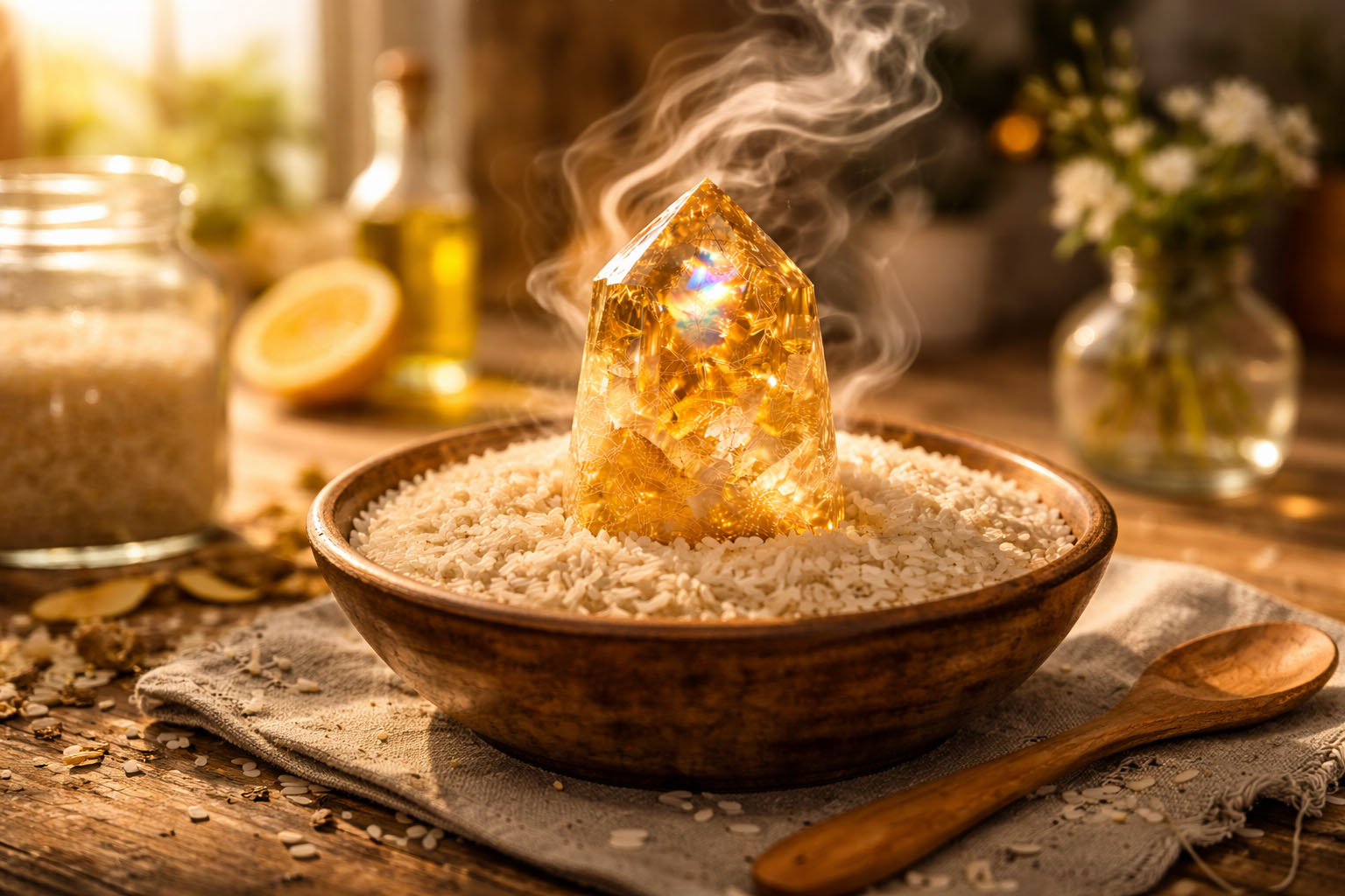 Colócalo en un cuenco con arroz seco durante una tarde para absorber cualquier residuo de densidad externa. El arroz actúa como un filtro de baja frecuencia, dejando el canal del Citrino totalmente despejado.