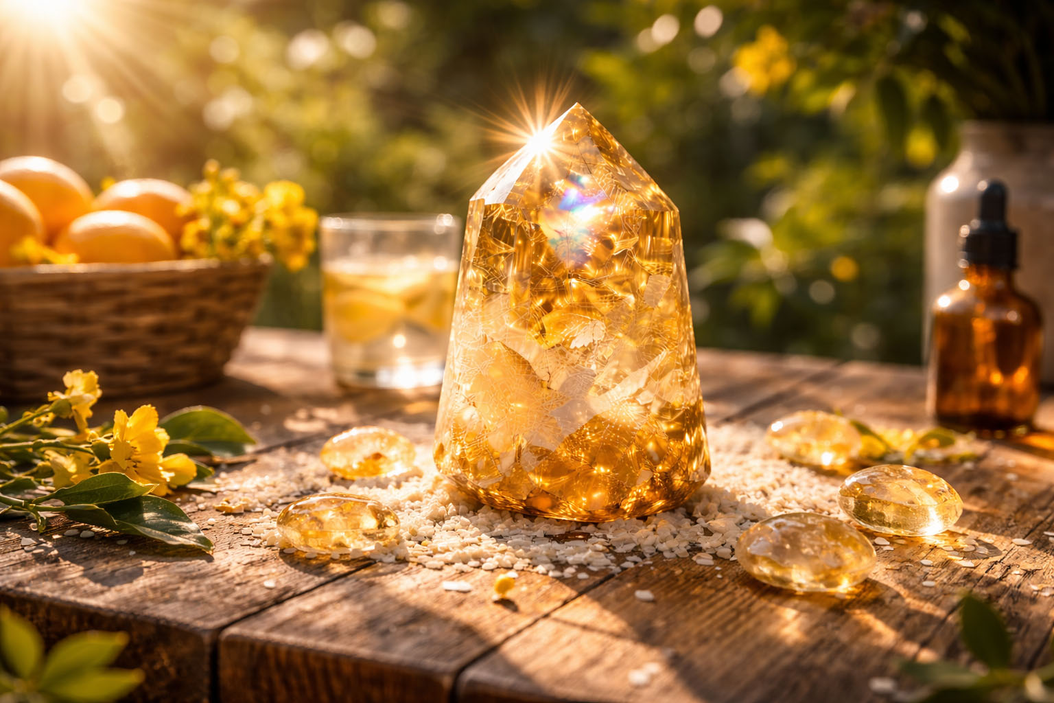 Expón el Citrino a los primeros rayos del sol por 30 minutos para inyectarle energía vital pura. Evita el sol del mediodía por tiempo prolongado para prevenir que pierda su coloración natural (foto-sensibilidad).