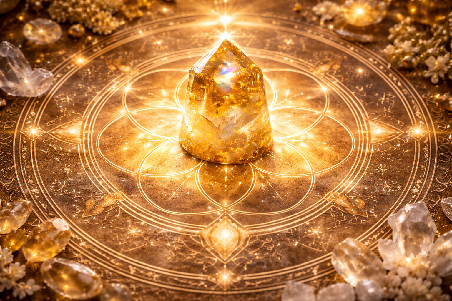 Pon el cristal en el centro de un diseño de la Semilla de la Vida para alinear su estructura con la creación. Esto potencia su capacidad de manifestar nuevas ideas y proyectos desde la raíz.