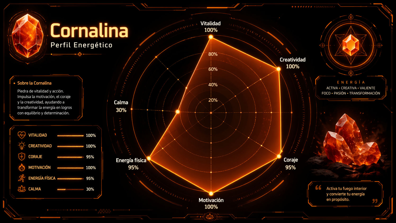 Gráfico de radar de la Cornalina destacando su máxima capacidad en vitalidad, creatividad y motivación.
