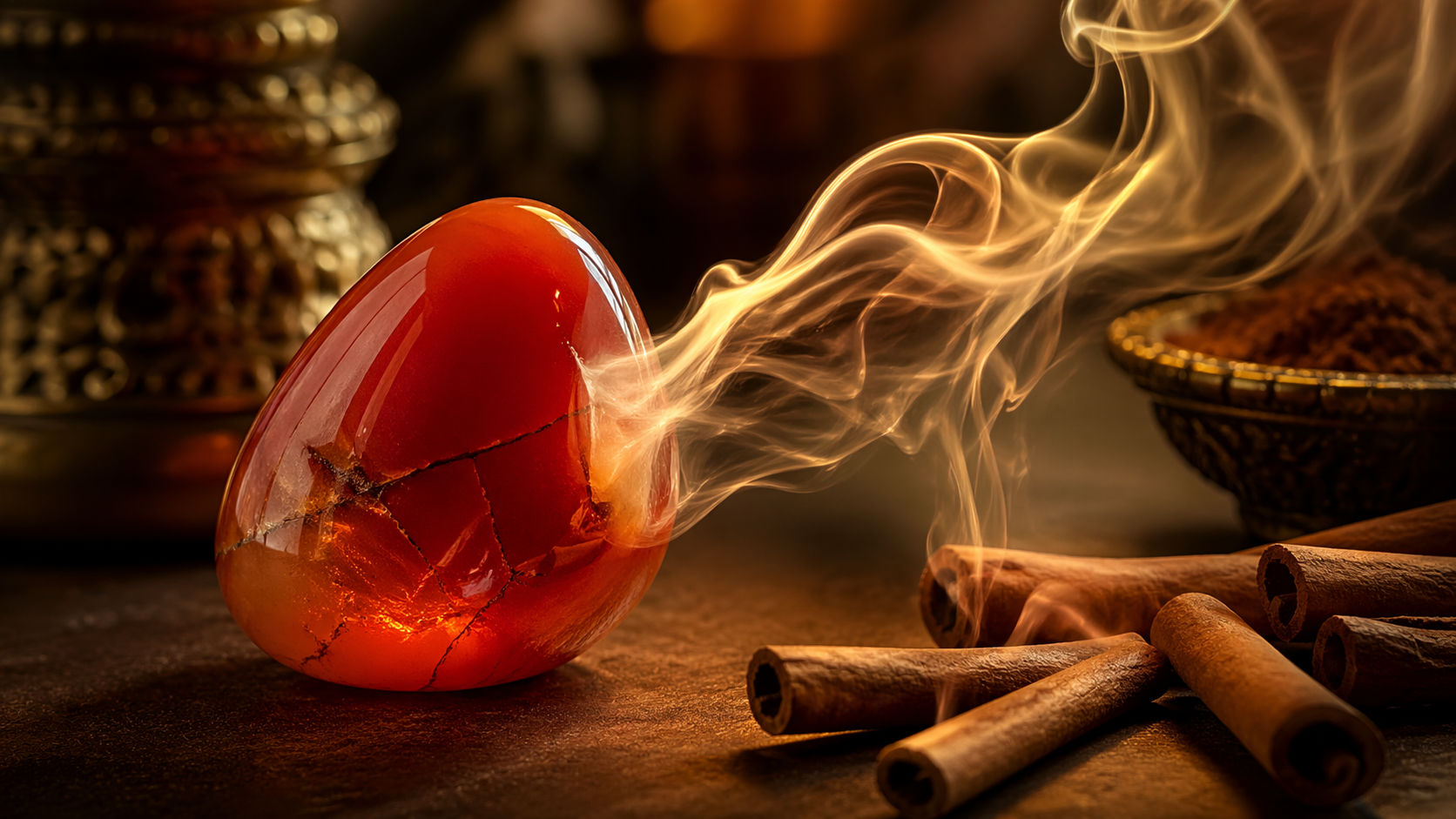 Pasa la piedra por el humo de especias cálidas para reafirmar su conexión con el elemento fuego. Es ideal para limpiezas profundas que buscan restaurar su capacidad de motivar y proteger contra la envidia.