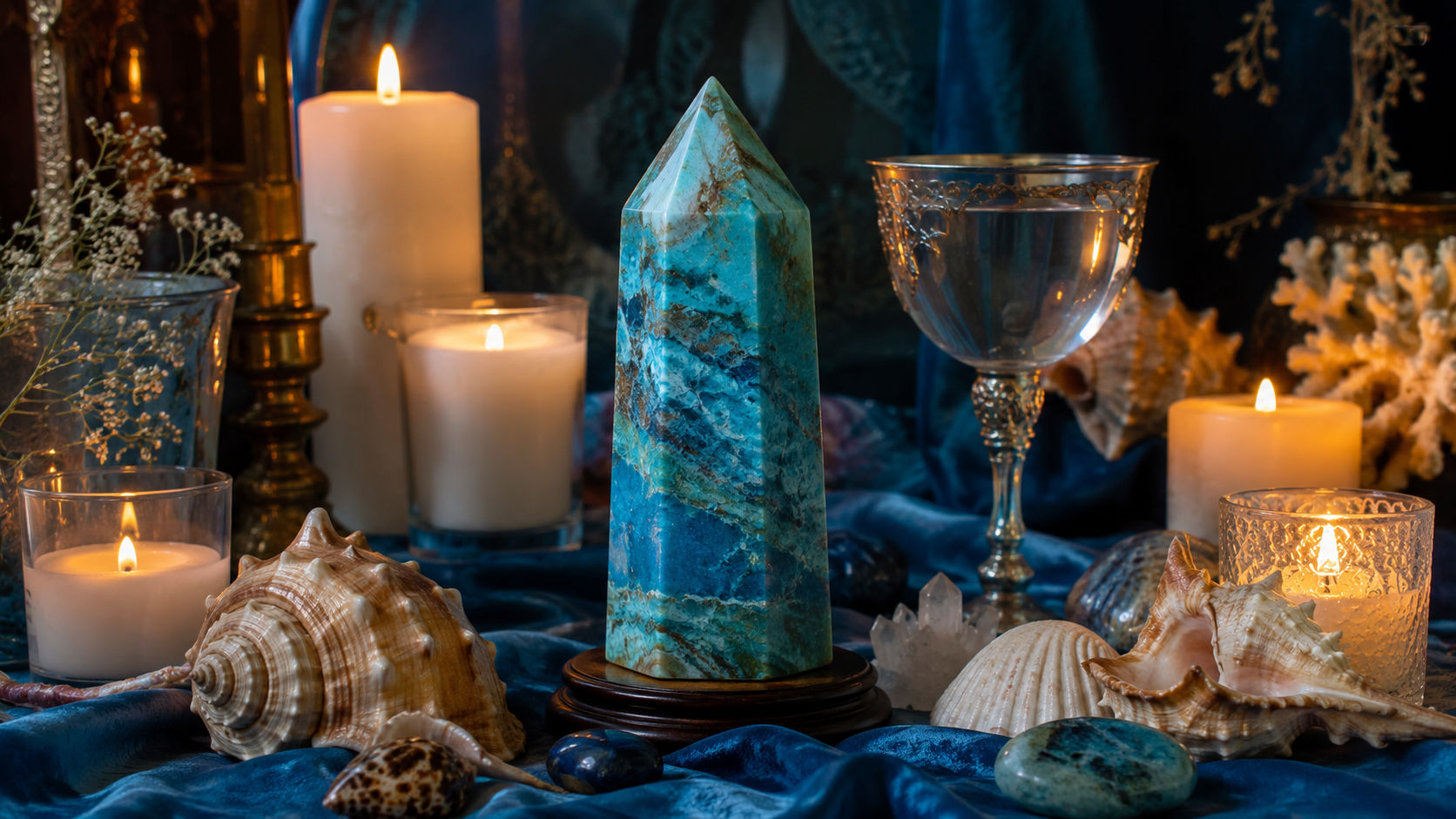 Punta de Crisocola en el altar para honrar la intuición y conectar con la sabiduría divina.