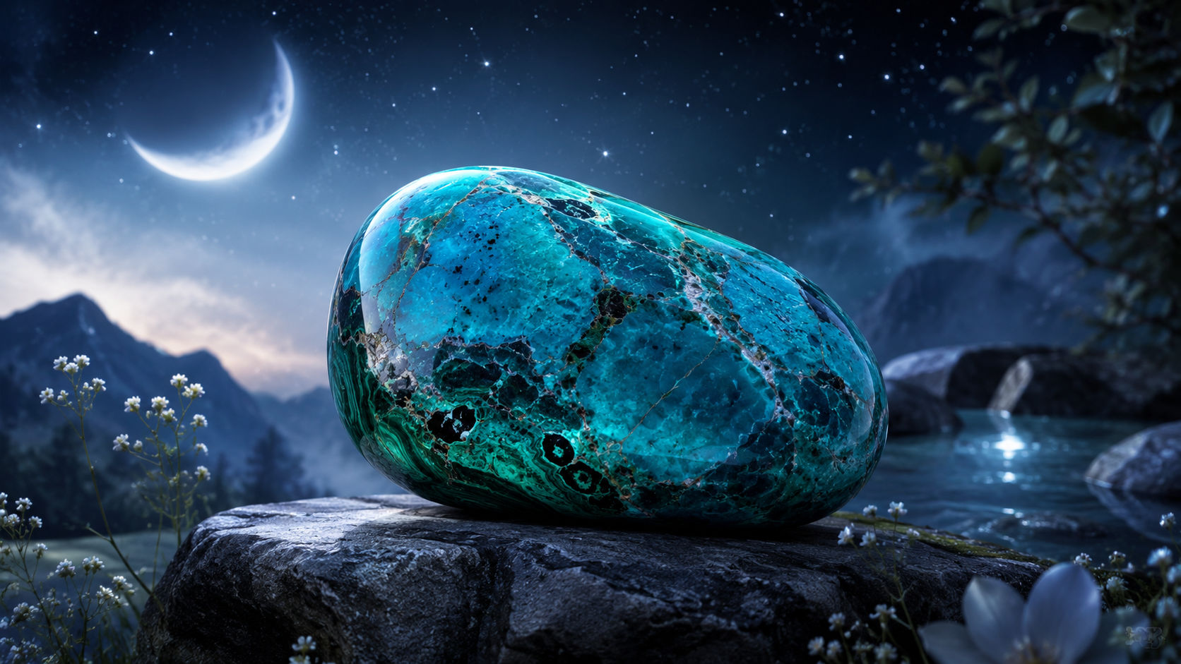 Expón la Crisocola al cielo nocturno para que sus átomos absorban la suave vibración intuitiva del satélite lunar. La luz de la luna recarga su energía femenina, potenciando sus dones de intuición, sanación y calma profunda.