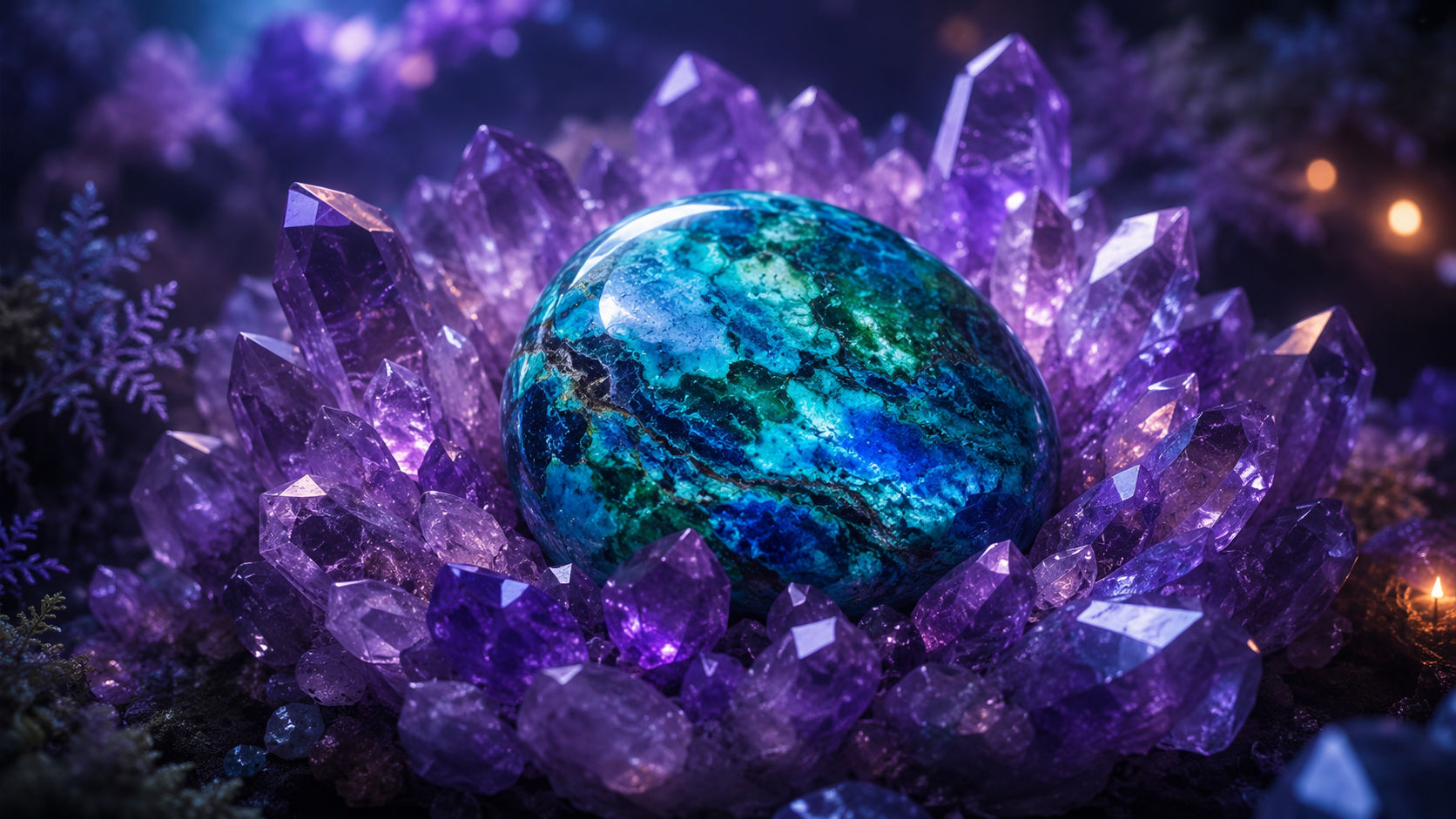Coloca tu piedra en el centro de un nido de cuarzos violetas para que su vibración eleve la frecuencia de la crisocola. Este método de proximidad reactiva las capacidades de la piedra para transmutar el estrés familiar y del entorno.