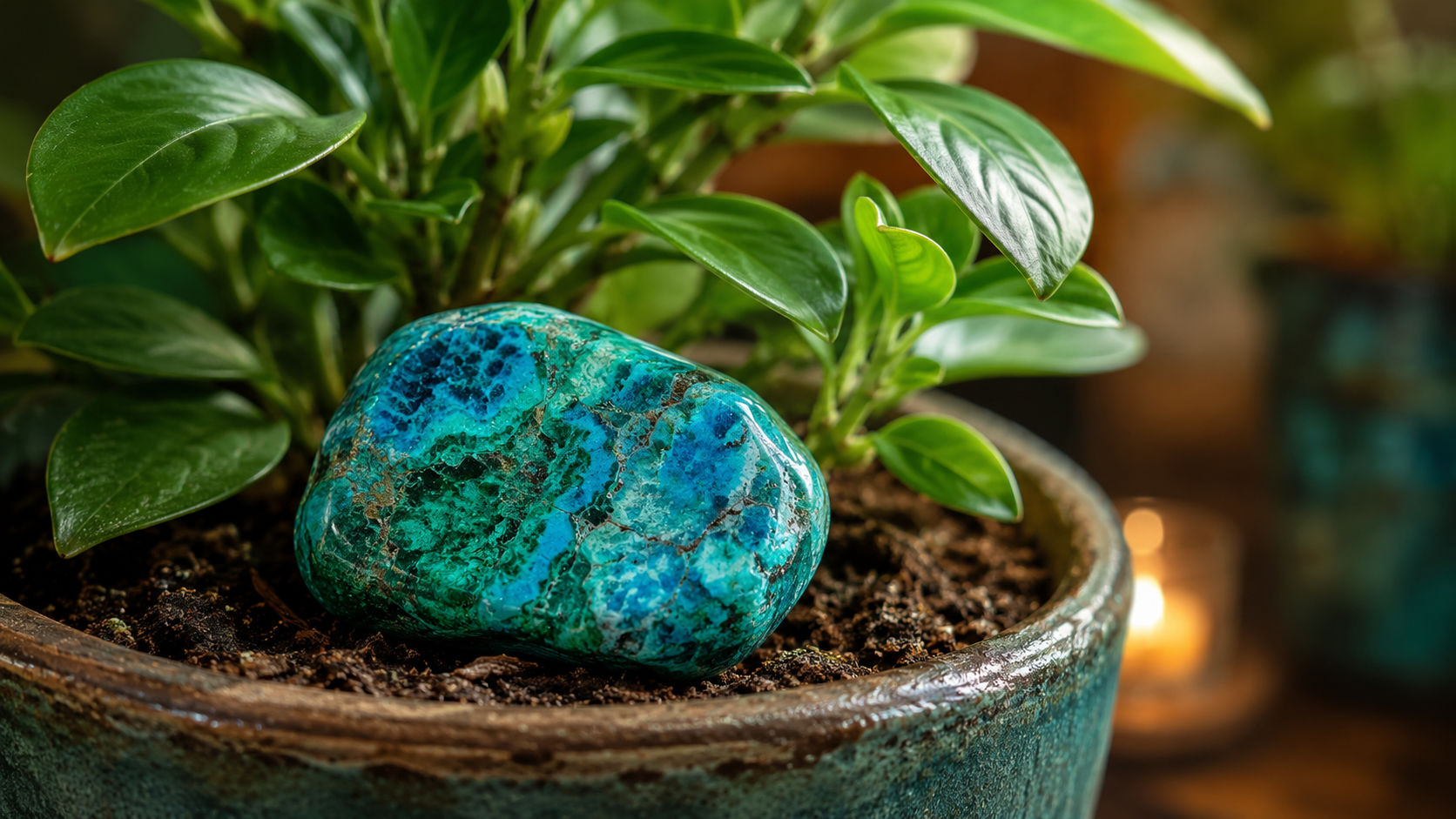 Asienta la gema en la superficie de la tierra de una maceta que contenga una planta sana y en crecimiento durante unas horas. La vitalidad vegetal inyecta fuerza vital de la Madre Tierra directamente en las venas verdes y azules del cristal.