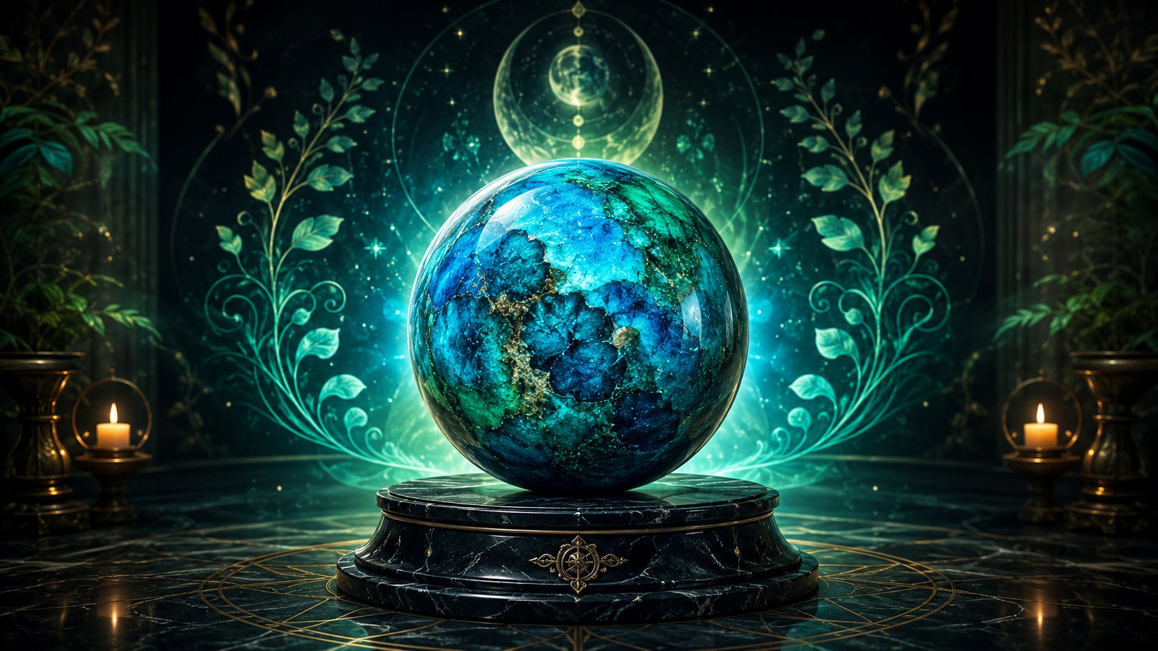 Esfera de Crisocola proyectando luz azul verdosa para conectar con la sabiduría intuitiva y ancestral.