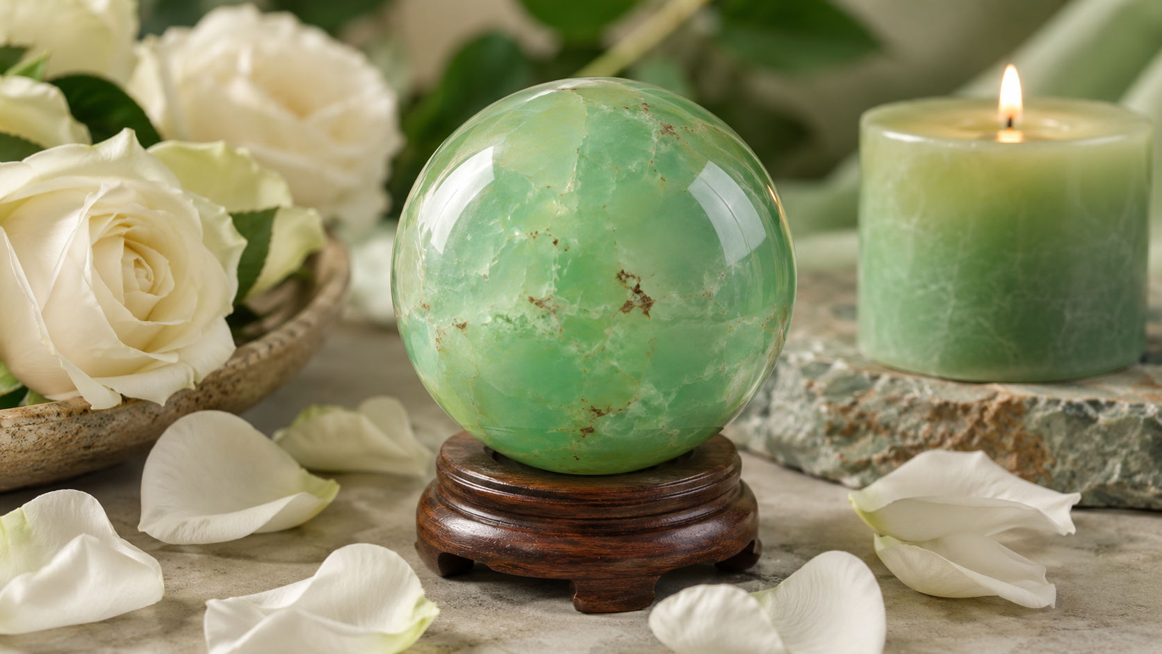 Esfera de Crisoprasa dispuesta en el altar para sanar las emociones y abrir las compuertas del amor divino.