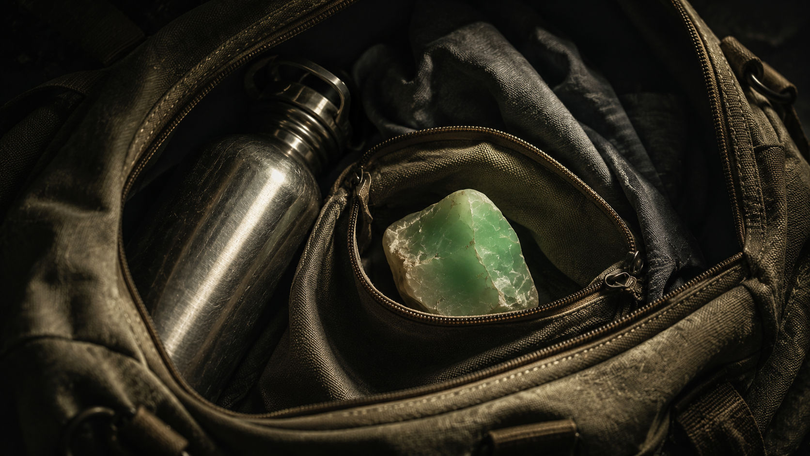 Piedra en bruto de Crisoprasa en un bolso deportivo para promover dinamismo y optimismo.