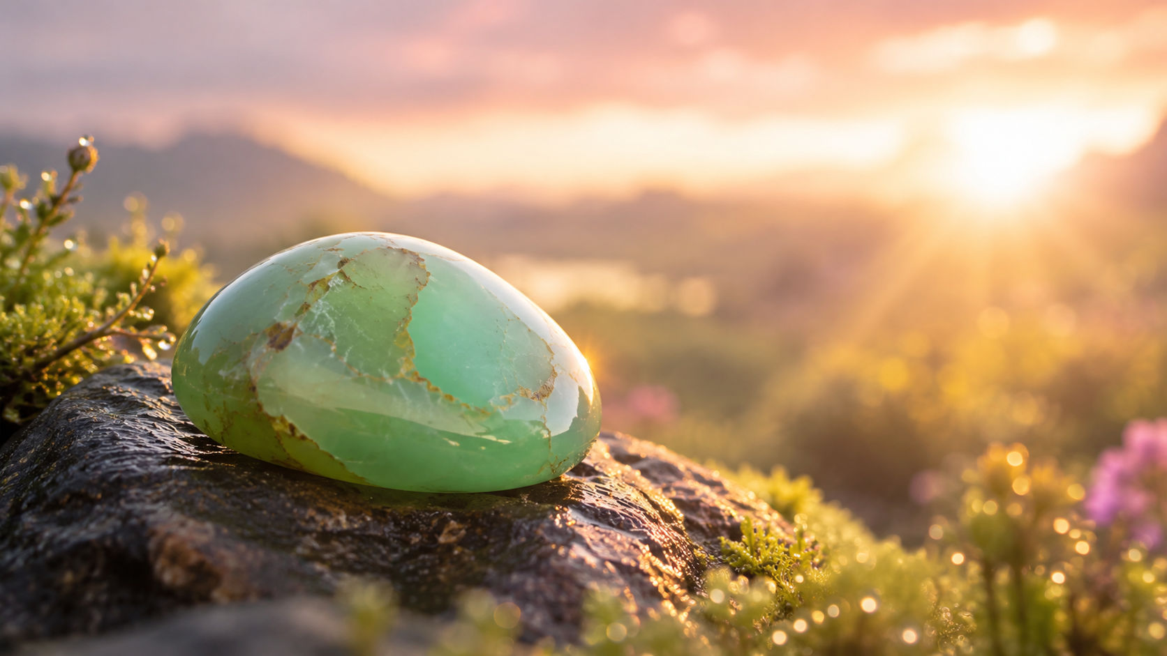 Expón tu gema a los rayos suaves del amanecer durante la primera hora para impregnarla de la vibración del nuevo comienzo. La energía del sol naciente despierta las cualidades de esperanza y vitalidad ocultas en sus microcristales verdes.