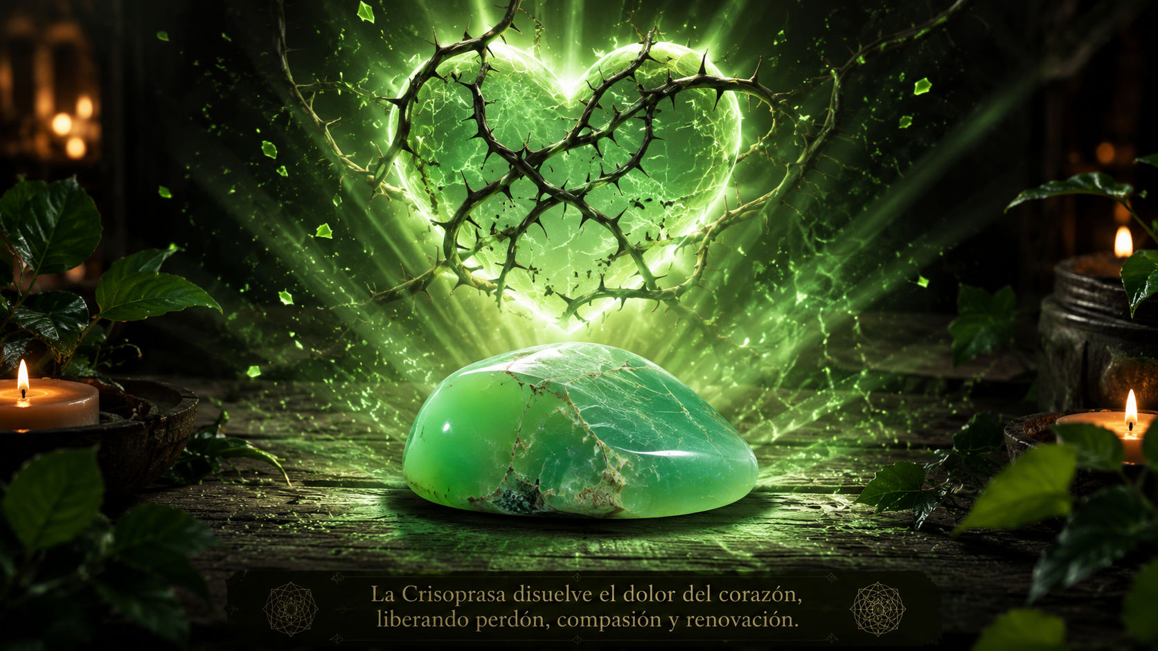 Cuarzo Crisoprasa emitiendo luz verde manzana para disolver rencores y sanar heridas del pasado.