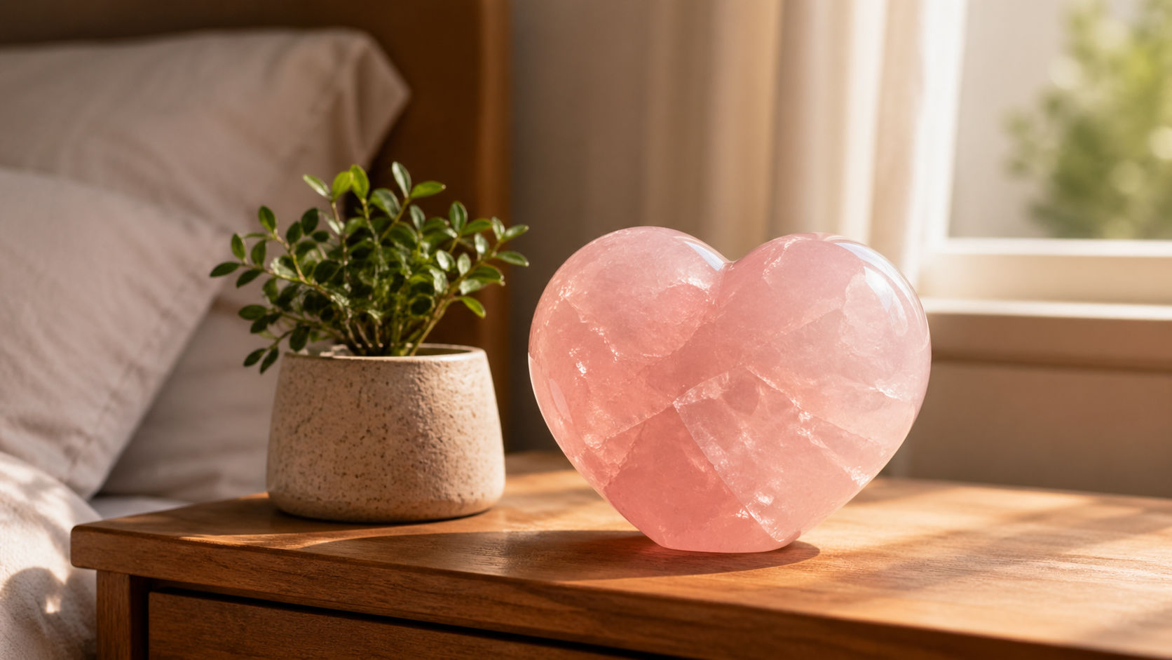 Cuarzo Rosa en el dormitorio para fomentar el amor propio y la armonía en la pareja.