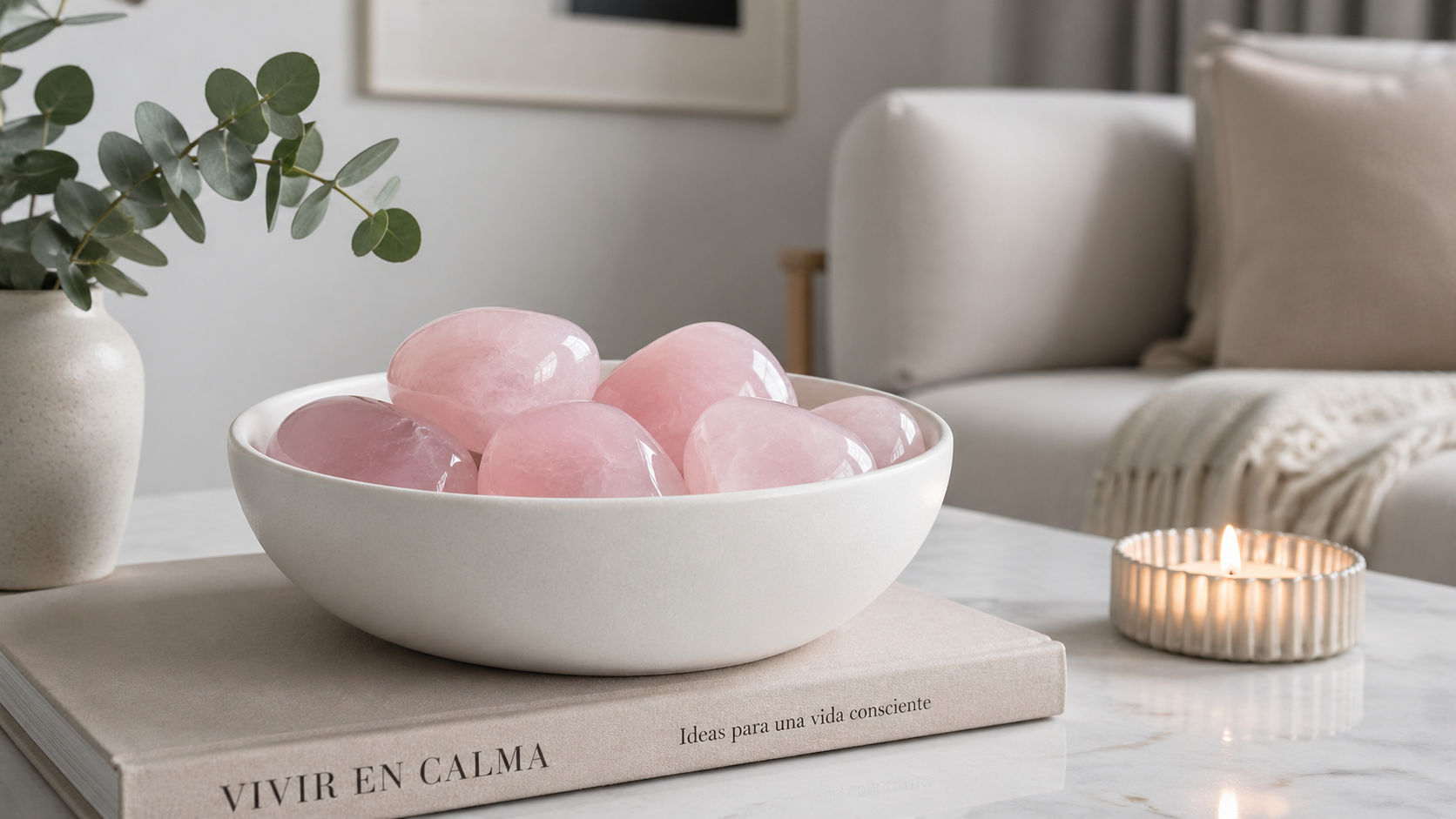 Cuarzo Rosa en la sala para suavizar las interacciones familiares y evitar conflictos.