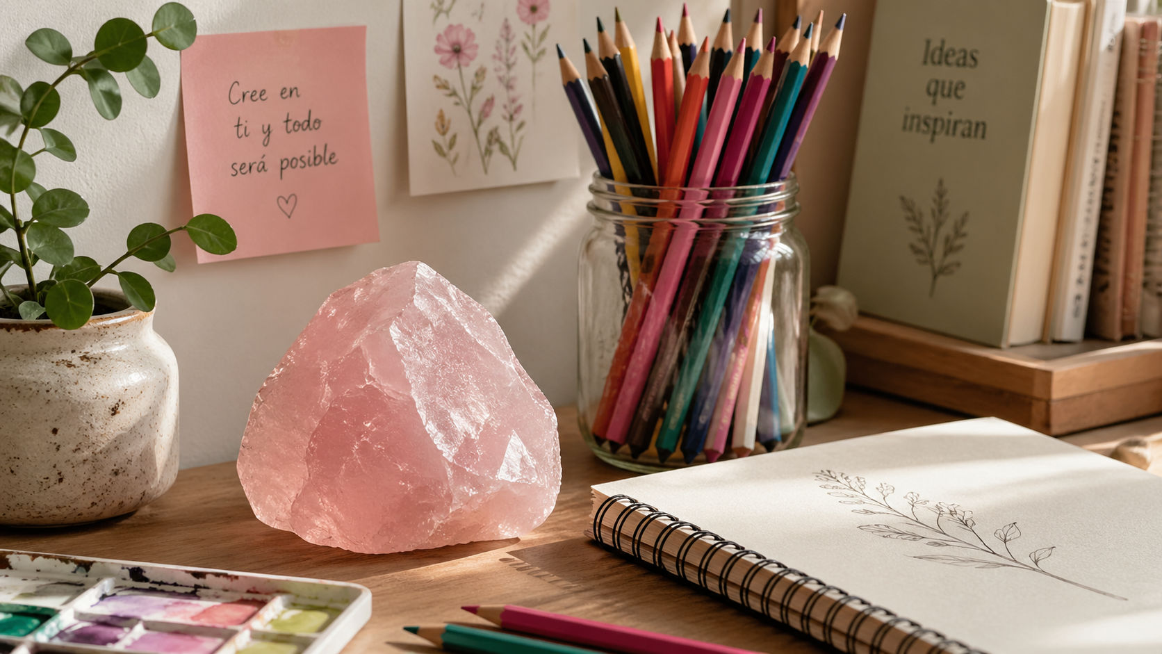 Cuarzo Rosa para infundir ternura y sensibilidad en los procesos creativos.