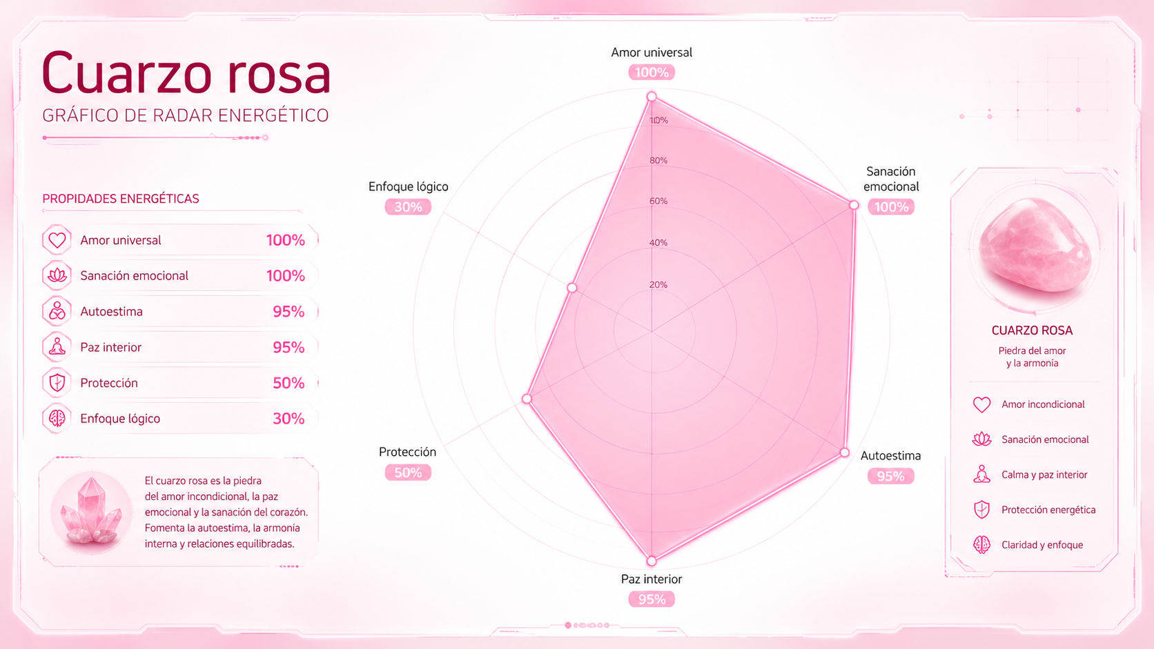 Gráfico de radar del Cuarzo Rosa destacando su máxima eficiencia en amor universal y sanación emocional.