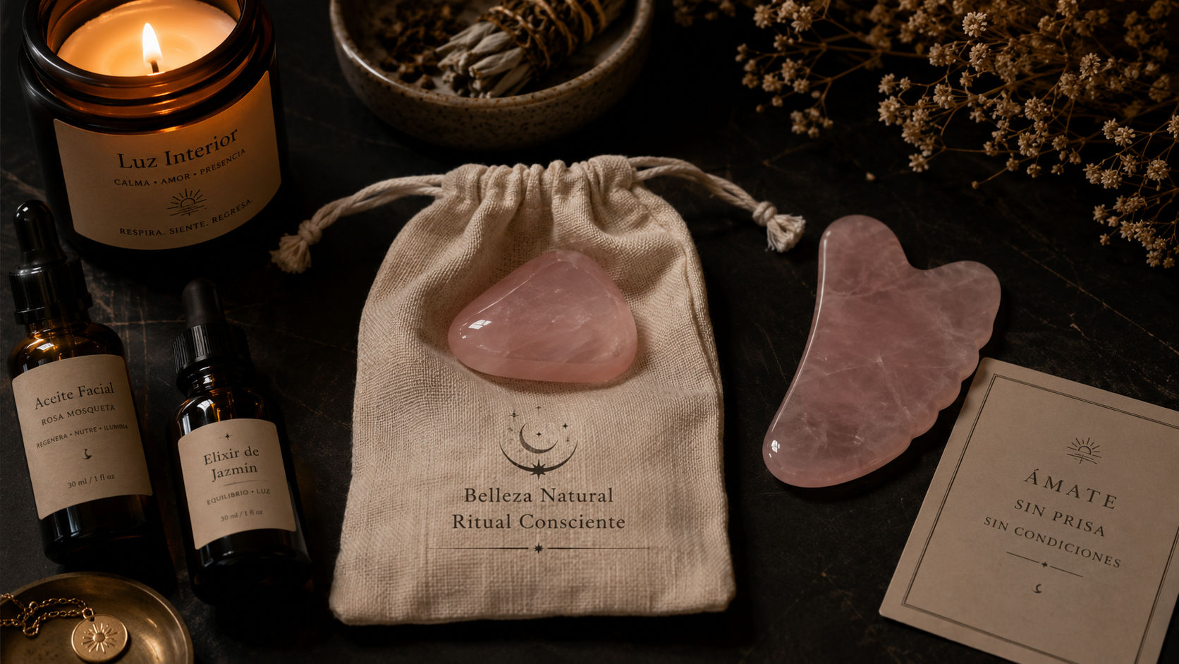 Cuarzo Rosa junto a productos de belleza corporal cargando el espacio de energía de nutrición.