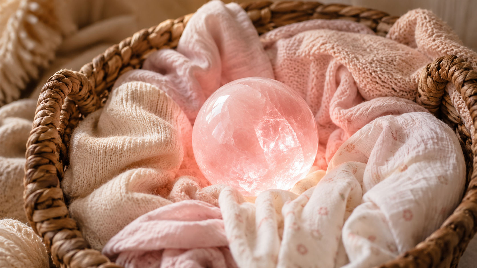 Esfera de Cuarzo Rosa protegiendo el ajuar infantil para infundir calma y protección en Umbral Astral.