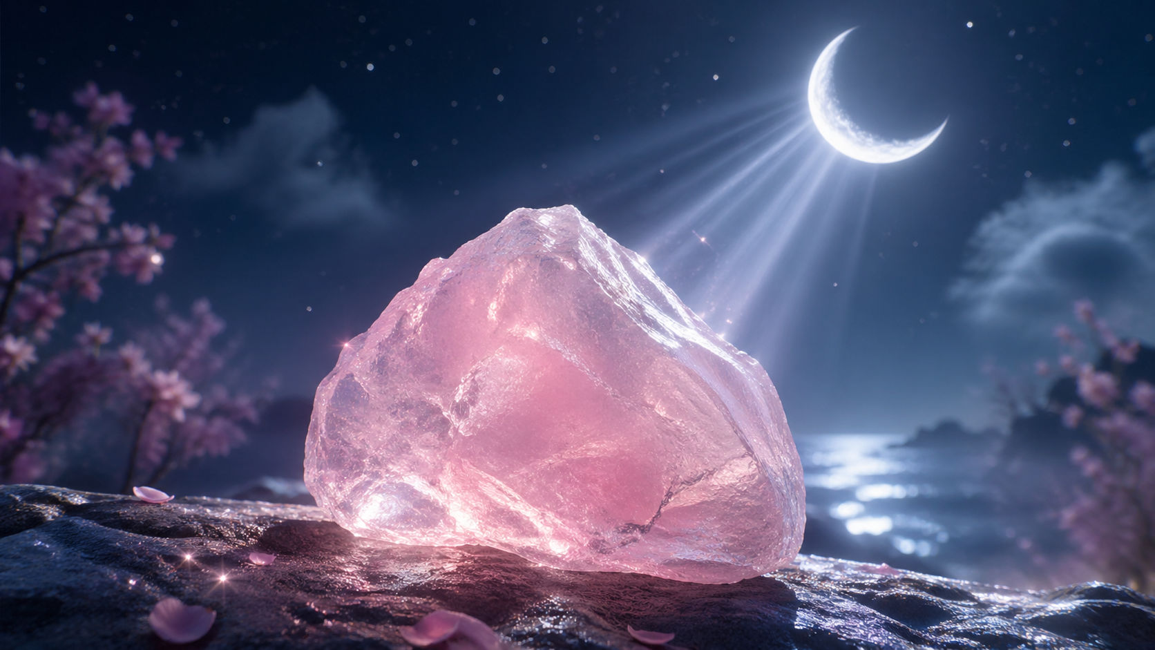 Expón el cristal a la luz lunar toda una noche para imbuirlo de la energía femenina y receptiva. La luna es la fuente de carga preferida para este cuarzo, ya que potencia su capacidad de sanación emocional nocturna.