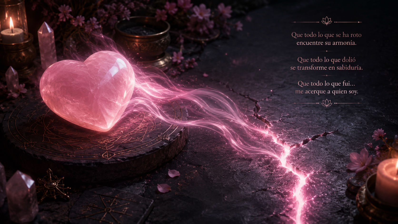Cristal de Cuarzo Rosa sellando heridas emocionales con una suave luz rosada de sanación.
