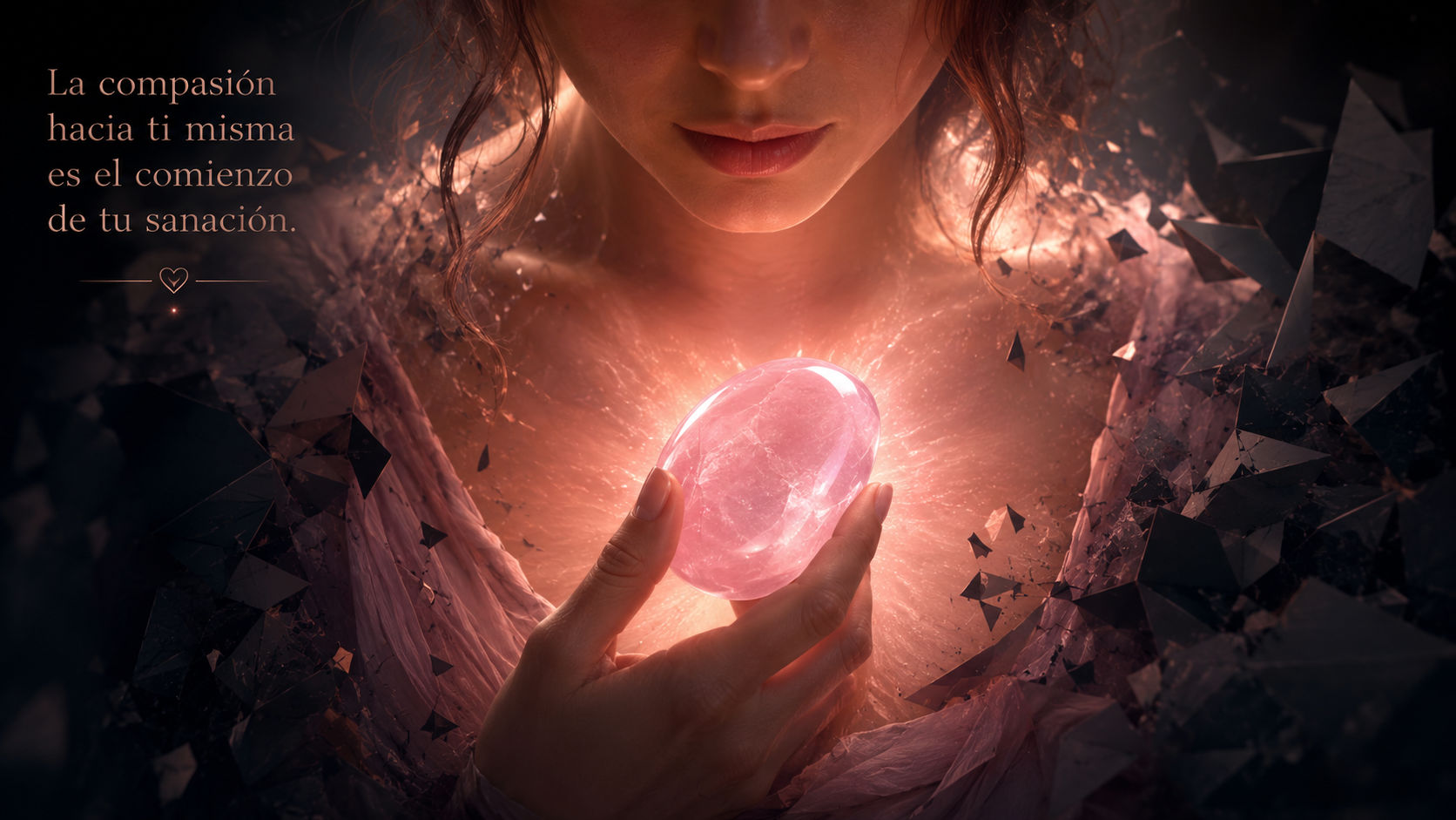 Piedra de Cuarzo Rosa irradiando un halo cálido para restaurar la autoestima y la paz interior.