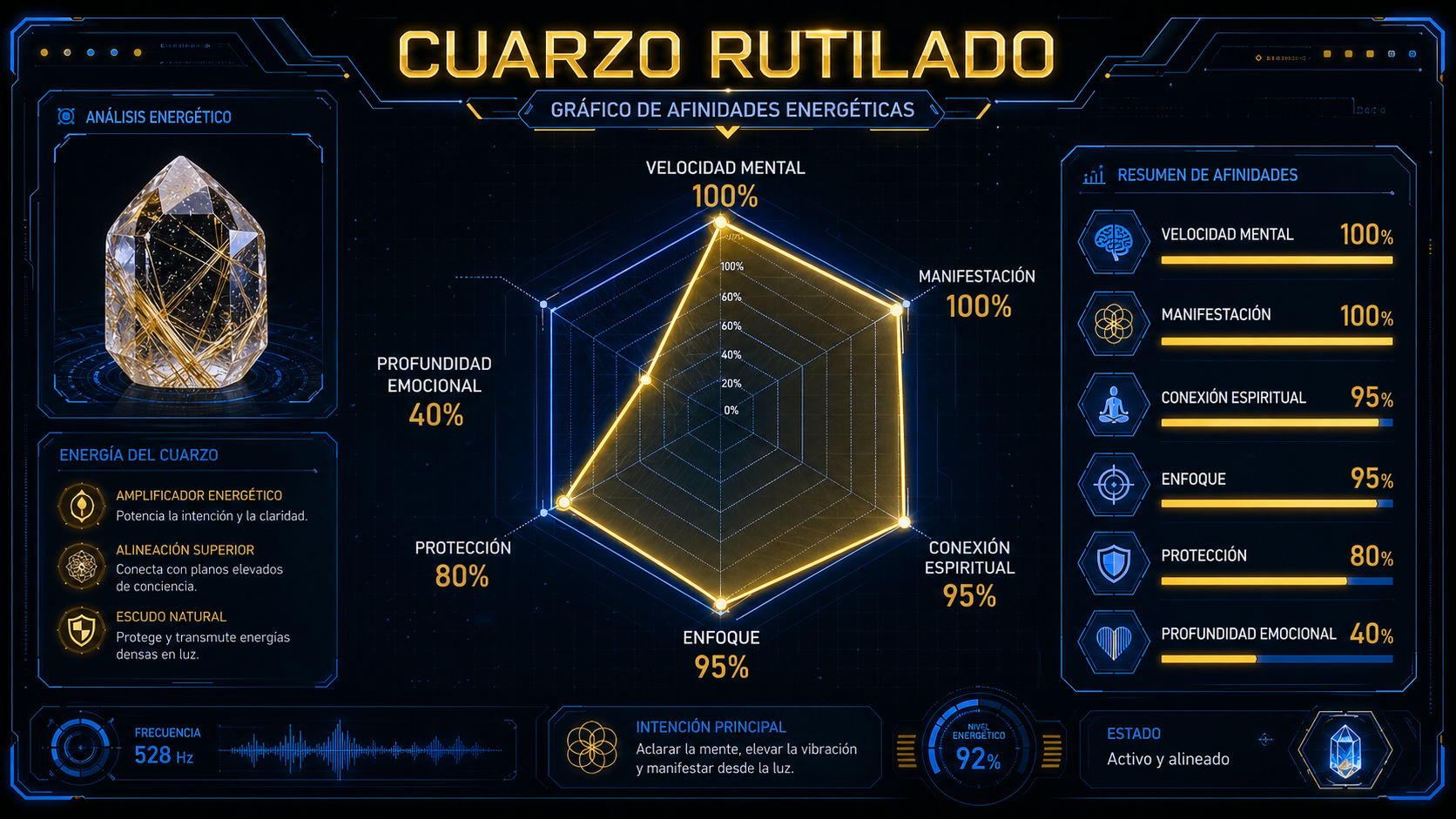 Gráfico de radar del Cuarzo Rutilado destacando su máxima eficiencia en velocidad mental y manifestación.
