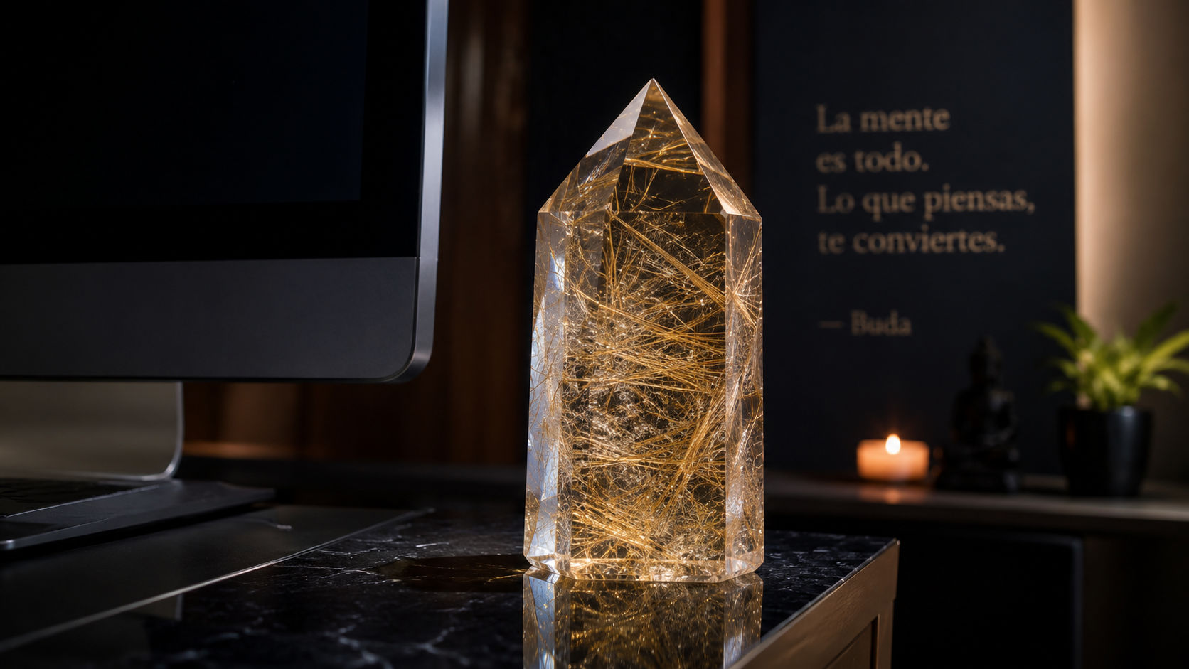 Generador de Cuarzo Rutilado junto a una pantalla de trabajo para potenciar el enfoque y la agilidad mental.