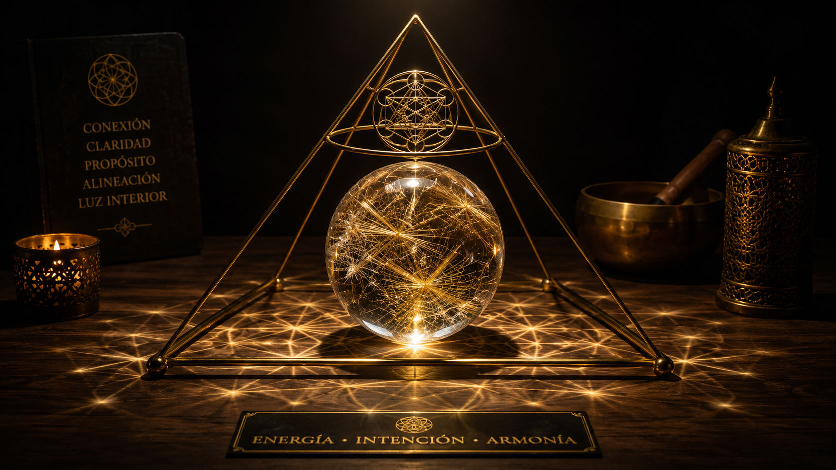Esfera de Cuarzo Rutilado bajo una estructura geométrica canalizando luz en el altar de Umbral Astral.
