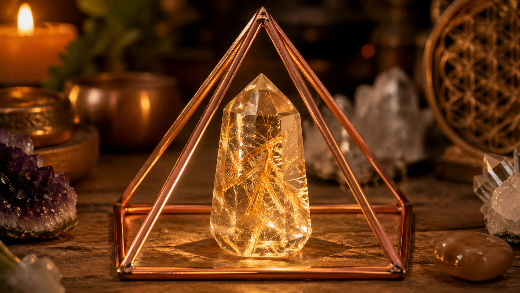 Deja el cristal dentro de una pirámide de cobre durante una noche para recalibrar su magnetismo. El cobre ayuda a que las agujas de rutilo se alineen perfectamente con el eje magnético terrestre.