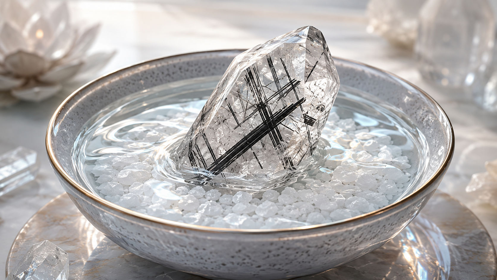 Sumerge el cristal bajo un chorro de agua pura mientras descansa en un cuenco con sal gruesa para romper los lazos astrales adheridos.