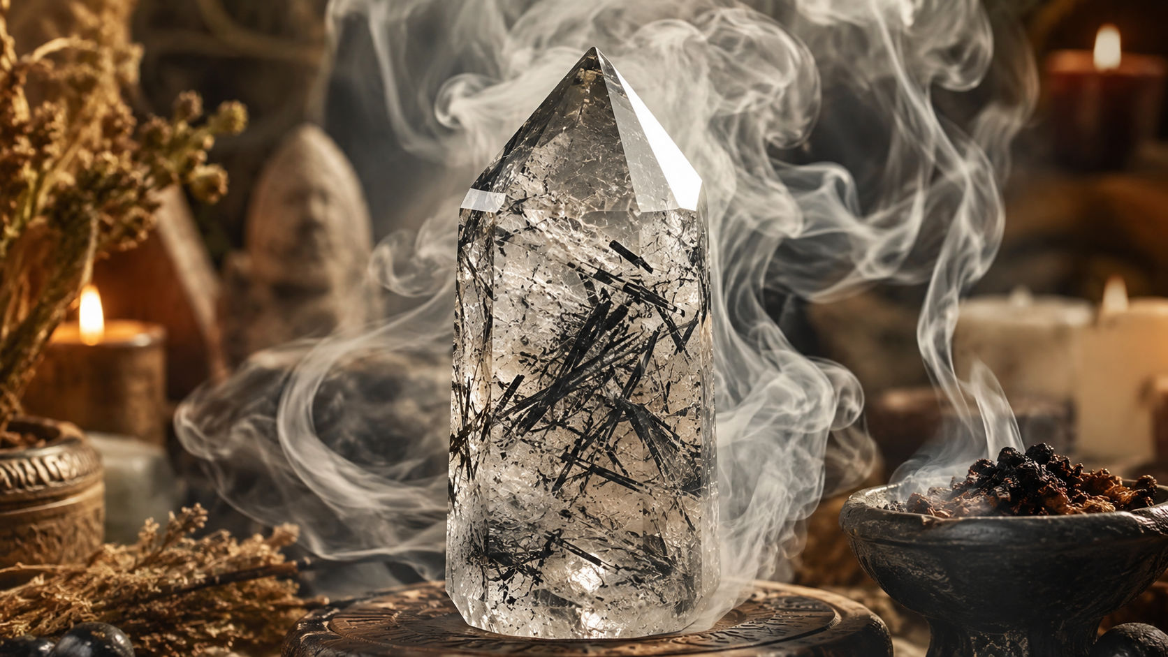 Pasa el cristal en círculos a través del humo espeso para que el aire purificado limpie sus agujas internas de turmalina. Este método es ideal para realizarlo después de haber limpiado energéticamente los rincones oscuros de tu hogar.