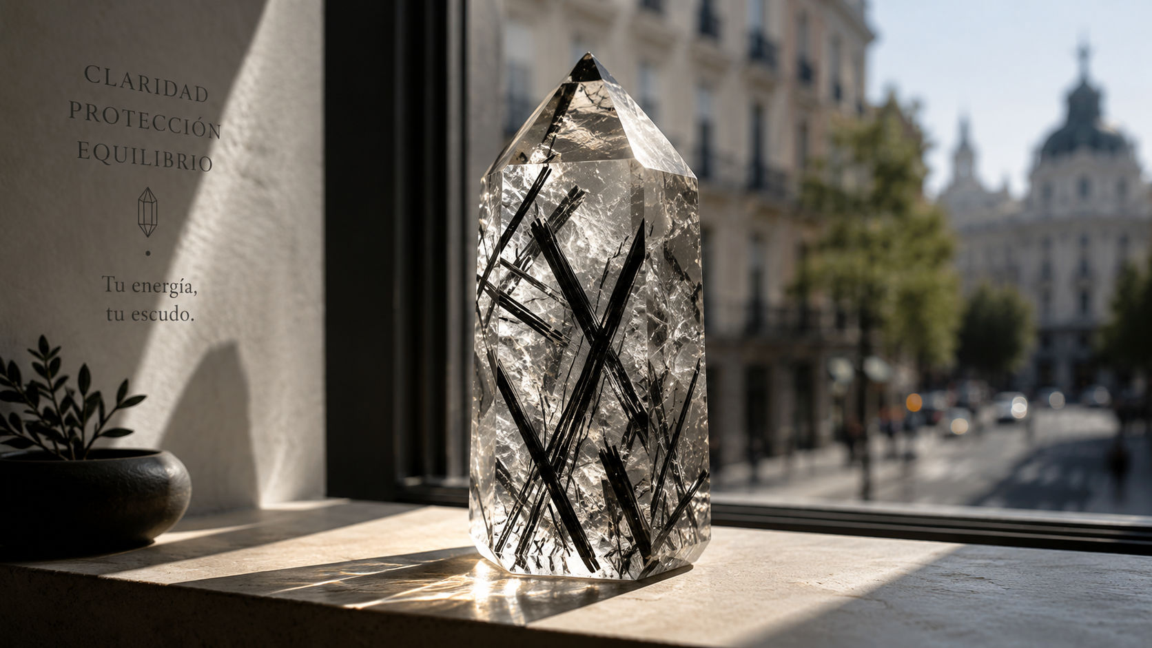 Generador de Cuarzo Transparente con Turmalina en el alféizar para filtrar el bullicio exterior en Umbral Astral.