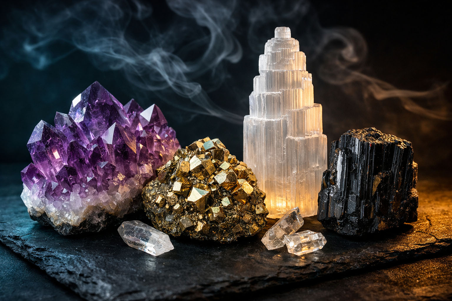 Colección de cuarzos y piedras energéticas de Umbral Astral: Amatista, Pirita, Selenita y Turmalina sobre fondo oscuro con humo de incienso, representando la limpieza y carga de cristales.