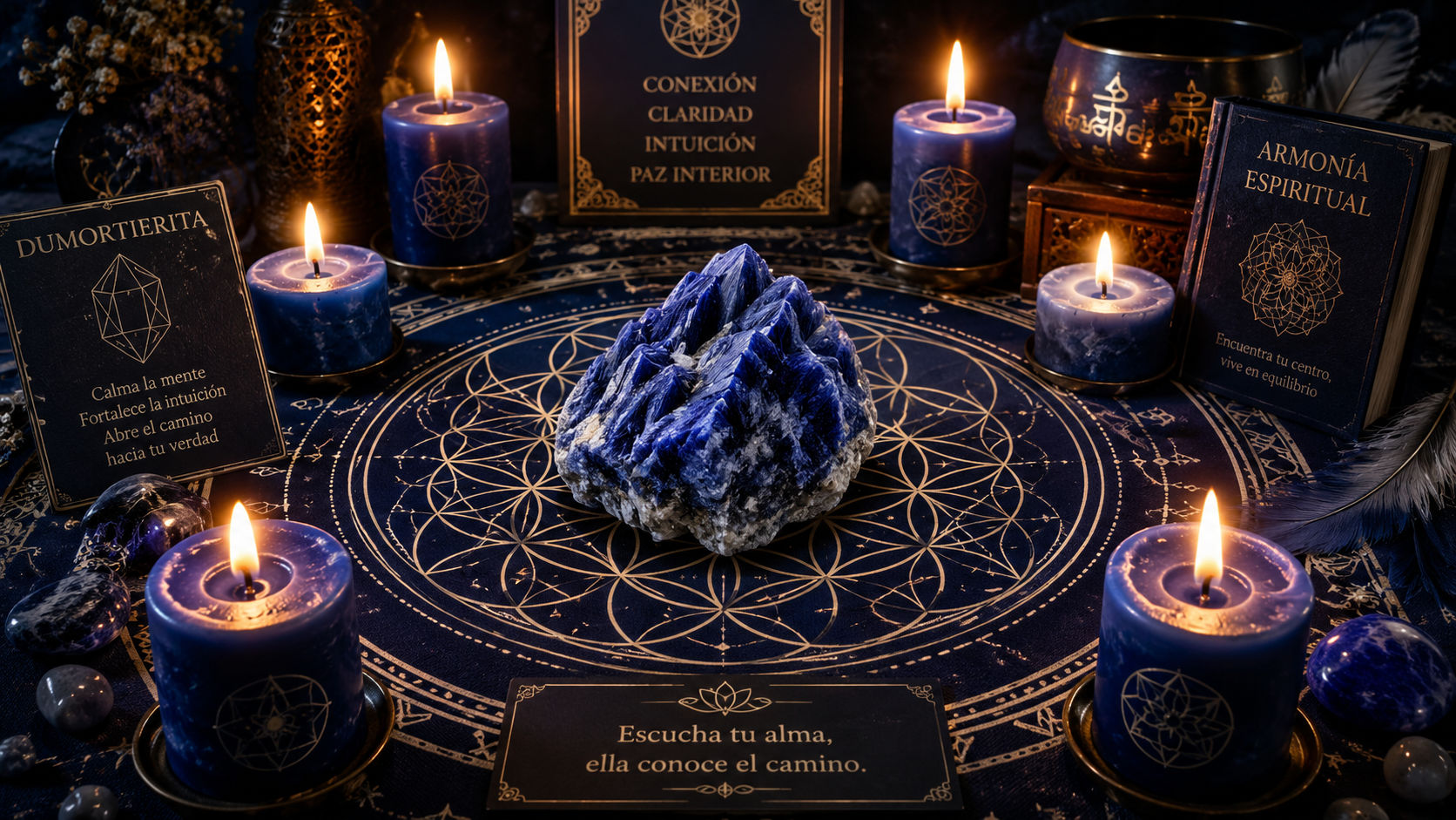 Bloque de Dumortierita en el rincón místico para facilitar la escucha de los guías espirituales.