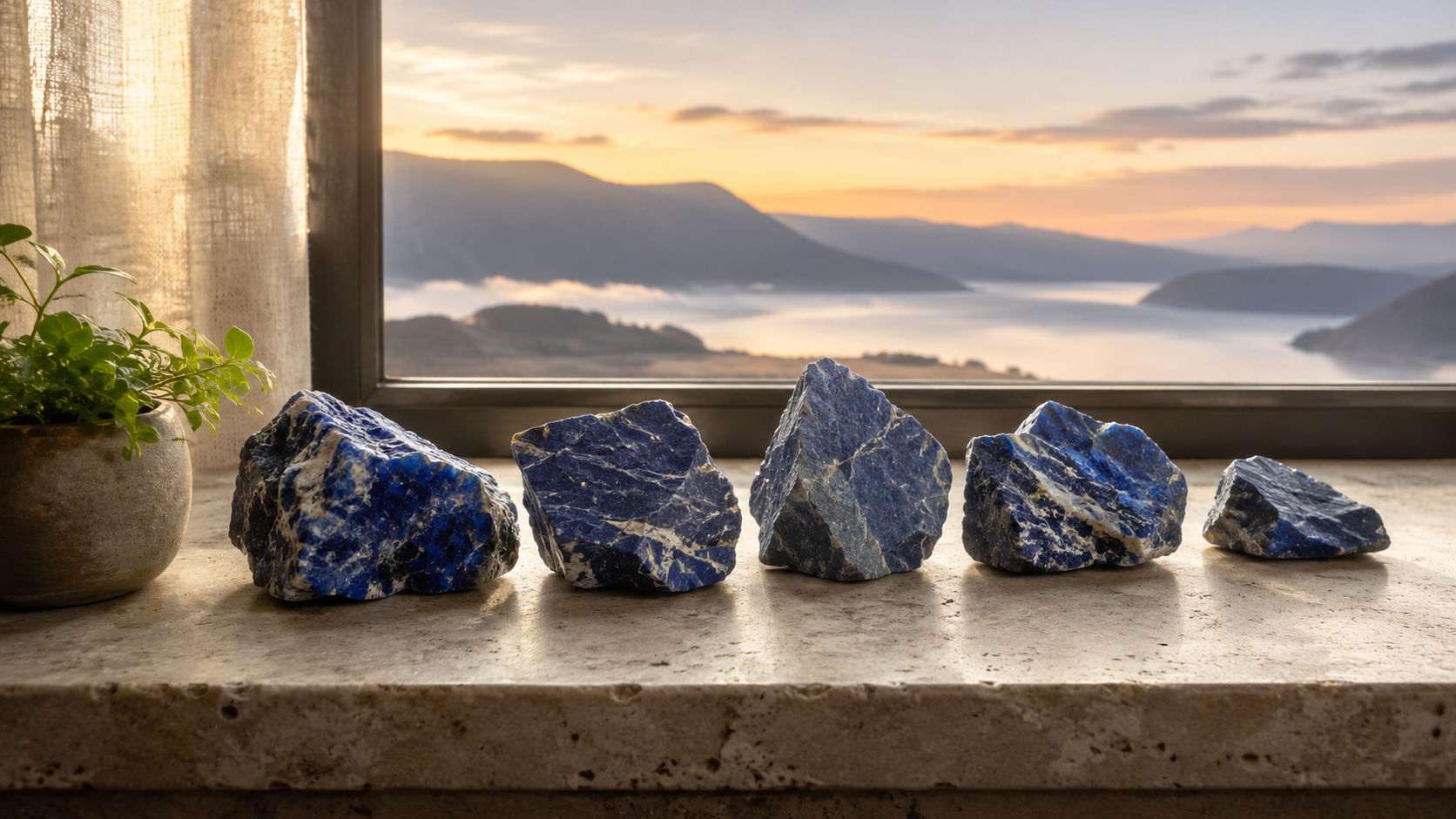 Dumortierita en la ventana para absorber la luz del nuevo día y proyectar orden espiritual a la casa.