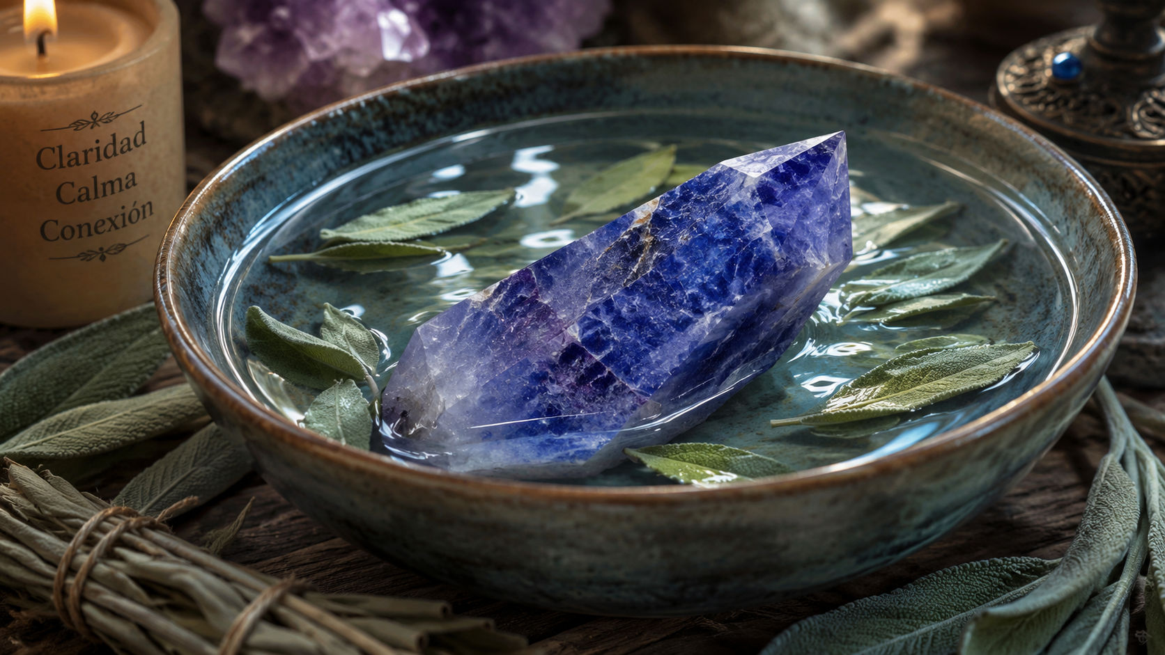 Deja reposar la piedra en un cuenco de agua pura con hojas de salvia para que el elemento arrastre el cansancio psíquico.