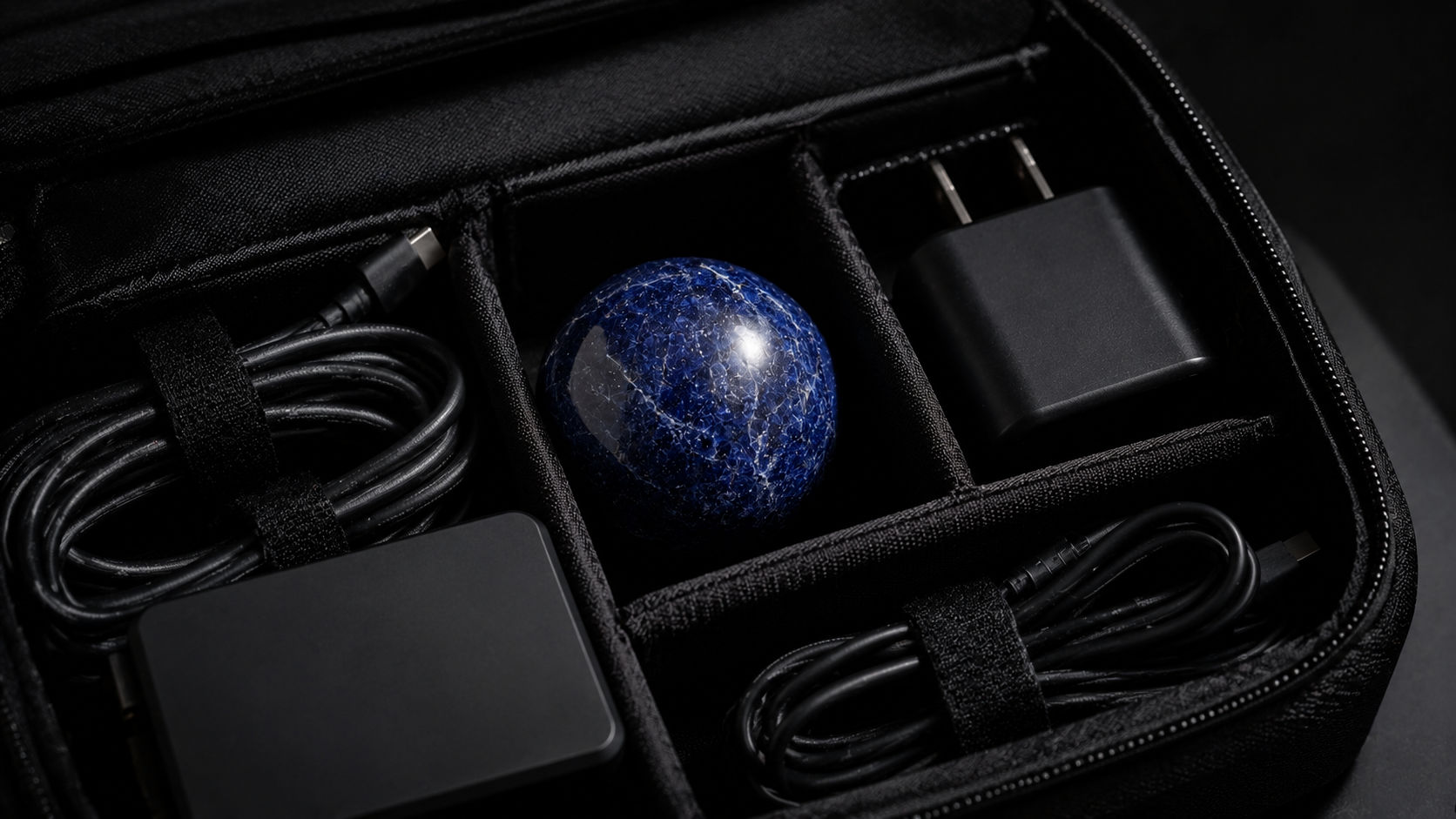 Esfera de Dumortierita en un organizador de viaje para prevenir el estrés logístico en Umbral Astral.