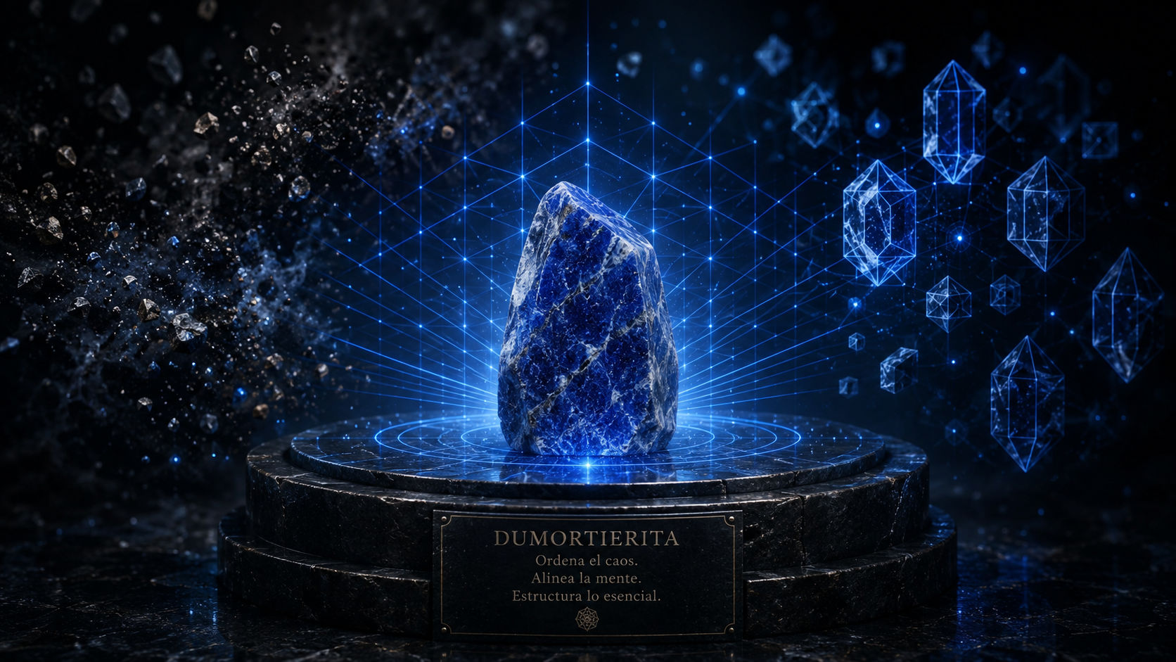 Cristal de Dumortierita emitiendo líneas de luz azul marino para estructurar el orden y la disciplina mental.