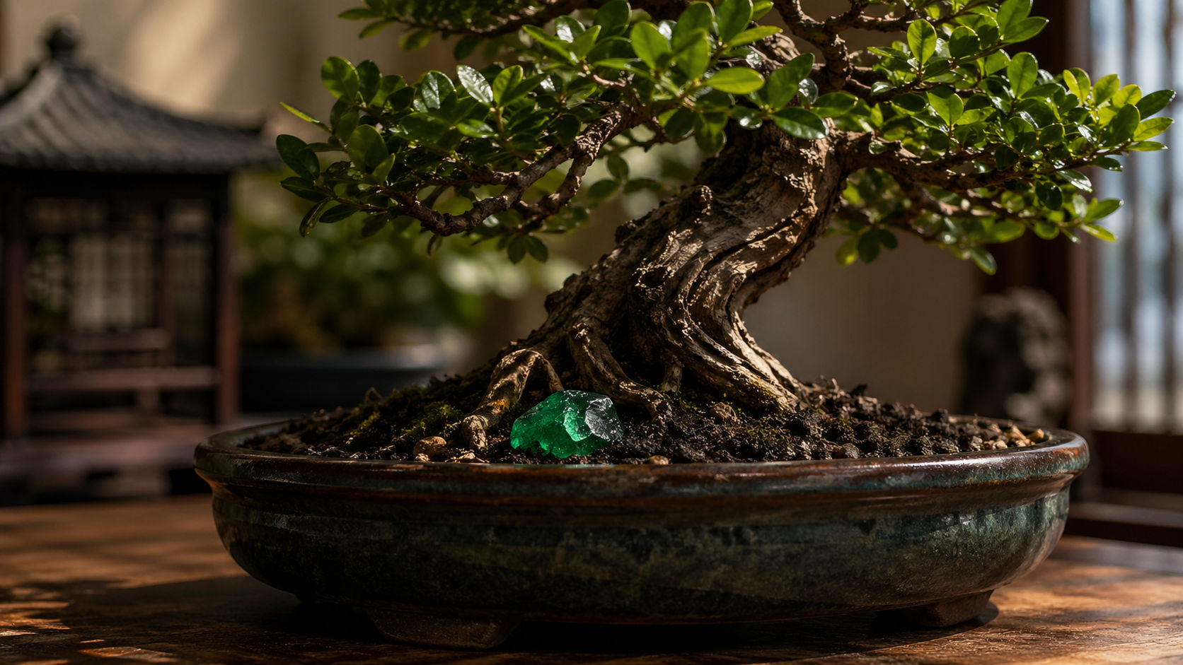 Esmeralda junto a un Bonsai para armonizar las energías de crecimiento en el hogar.