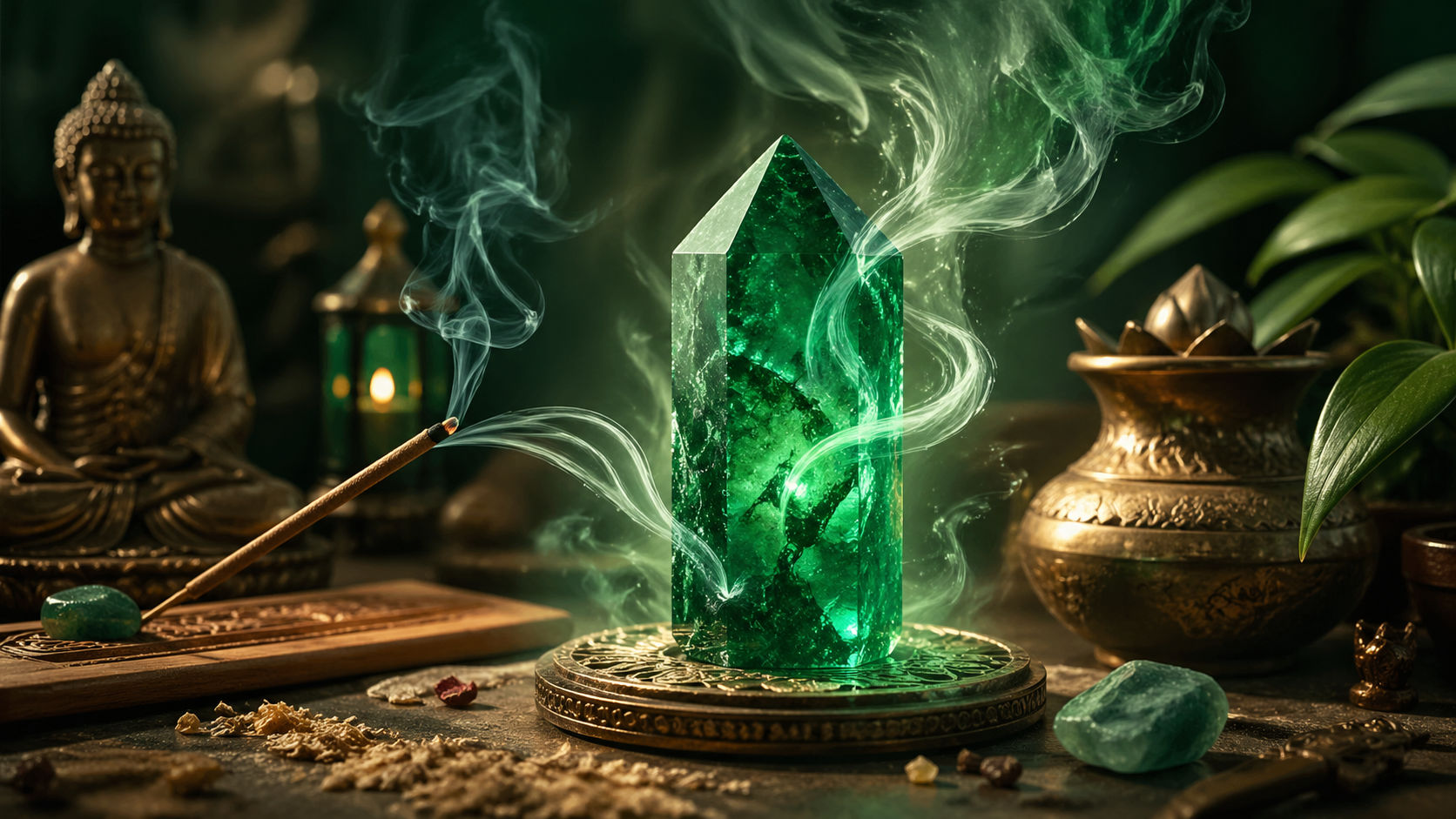 Envuelve la gema en el humo sagrado para elevar sus vibraciones y purificar su campo áurico de energías discordantes. Este método es el más respetuoso para mantener la integridad física y espiritual de la esmeralda.