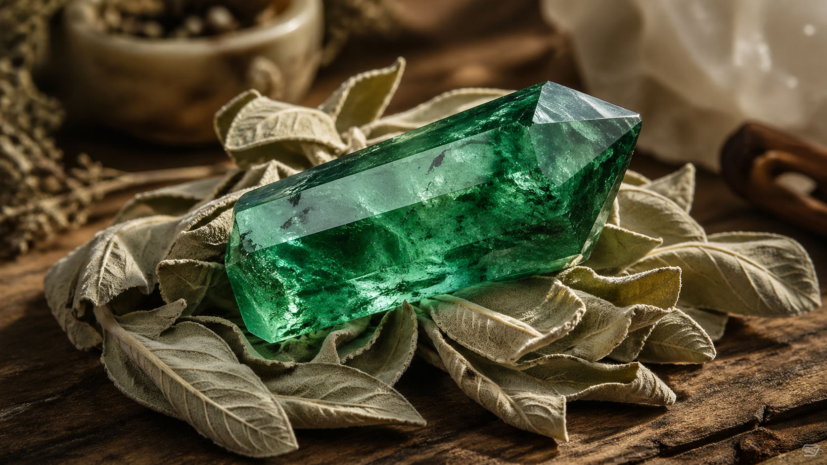 Reposa la piedra sobre un puñado de hojas de salvia seca para que la planta drene las impurezas acumuladas durante el día. Es una técnica de limpieza seca que protege la delicada estructura de la gema mientras restaura su brillo.
