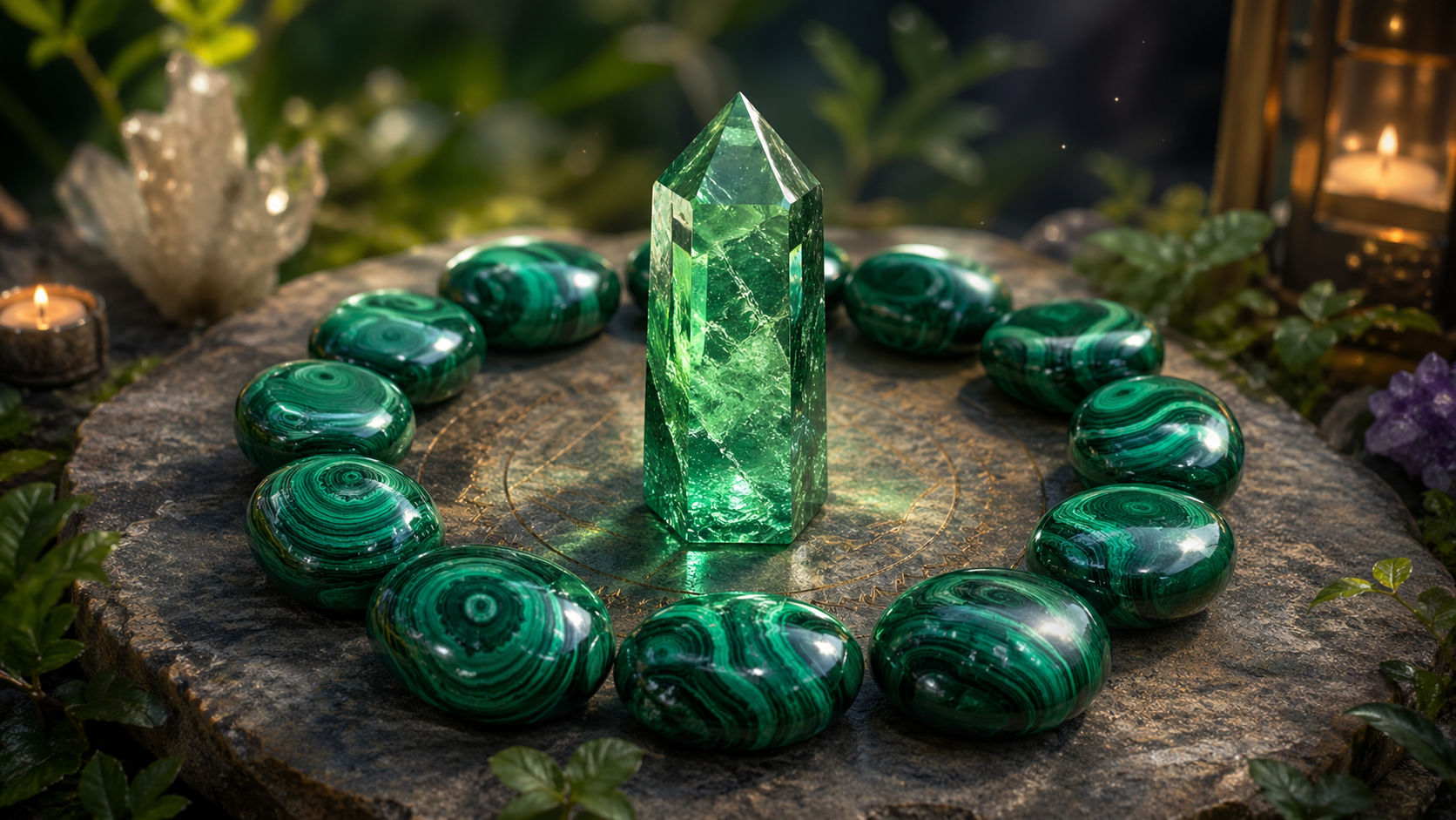 Coloca la esmeralda en el centro de un círculo de piedras de malaquita para crear un vórtice de energía verde concentrada. La malaquita actúa como un generador que inyecta vitalidad directamente en el corazón de la esmeralda.