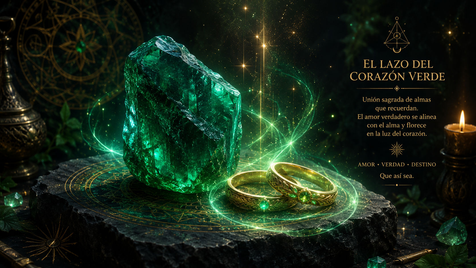 Cristal de Esmeralda emitiendo un halo de luz verde sobre dos anillos para sellar la fidelidad y el amor sincero.