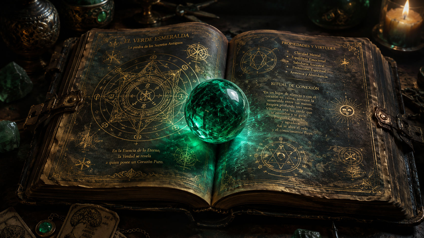 Esfera de Esmeralda sobre un manuscrito antiguo emitiendo una luz verde para descansar la vista y afinar el enfoque.
