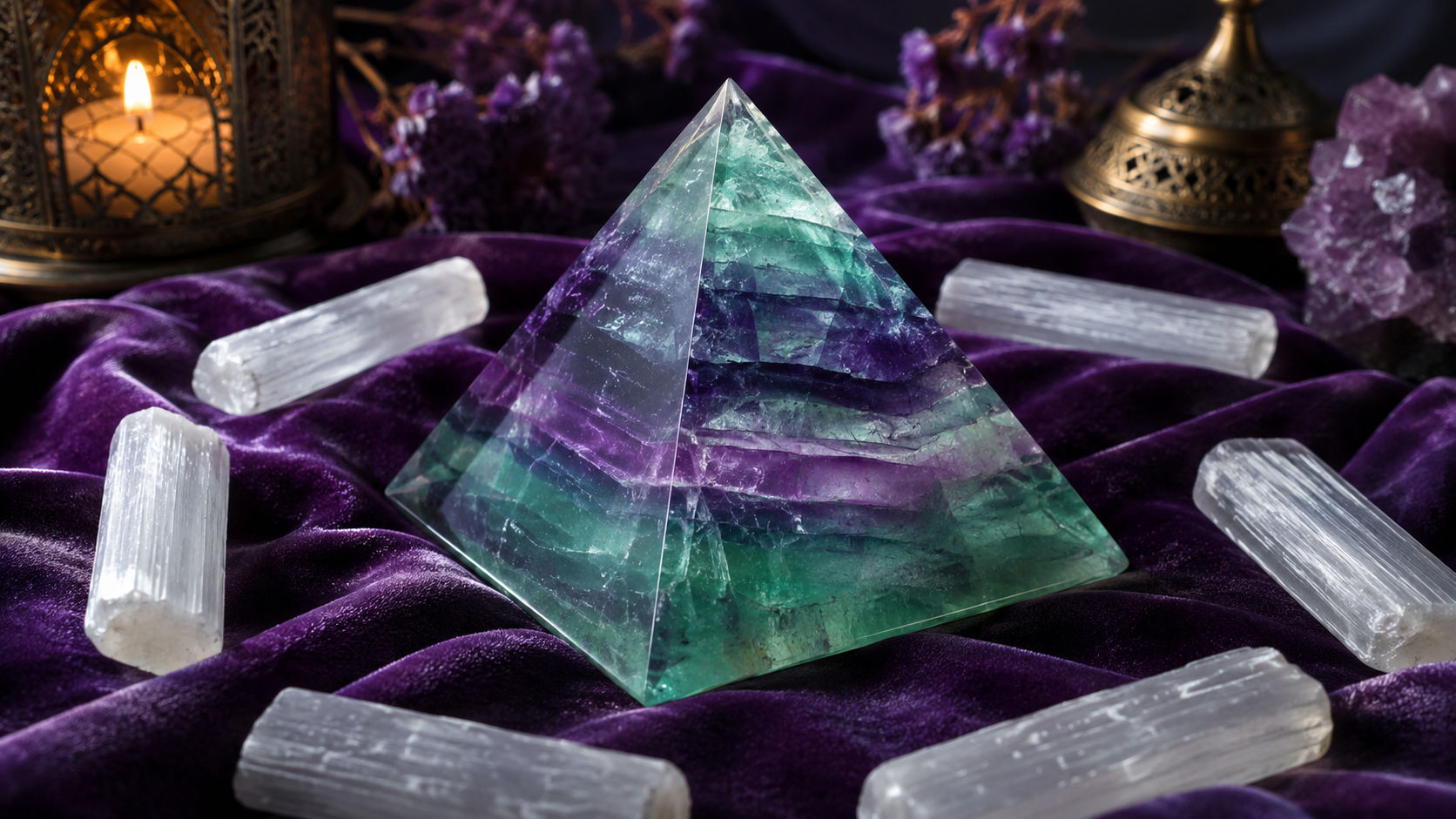 Pirámide de Fluorita en el altar místico para canalizar la sabiduría de los planos superiores.