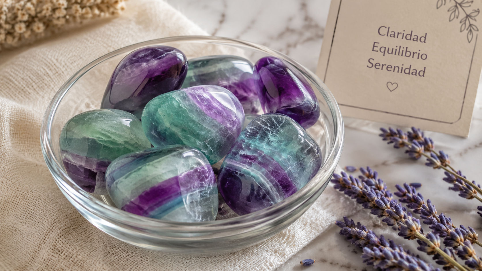 Fluoritas junto a la cama para calmar la mente antes de dormir y asegurar sueños ordenados.