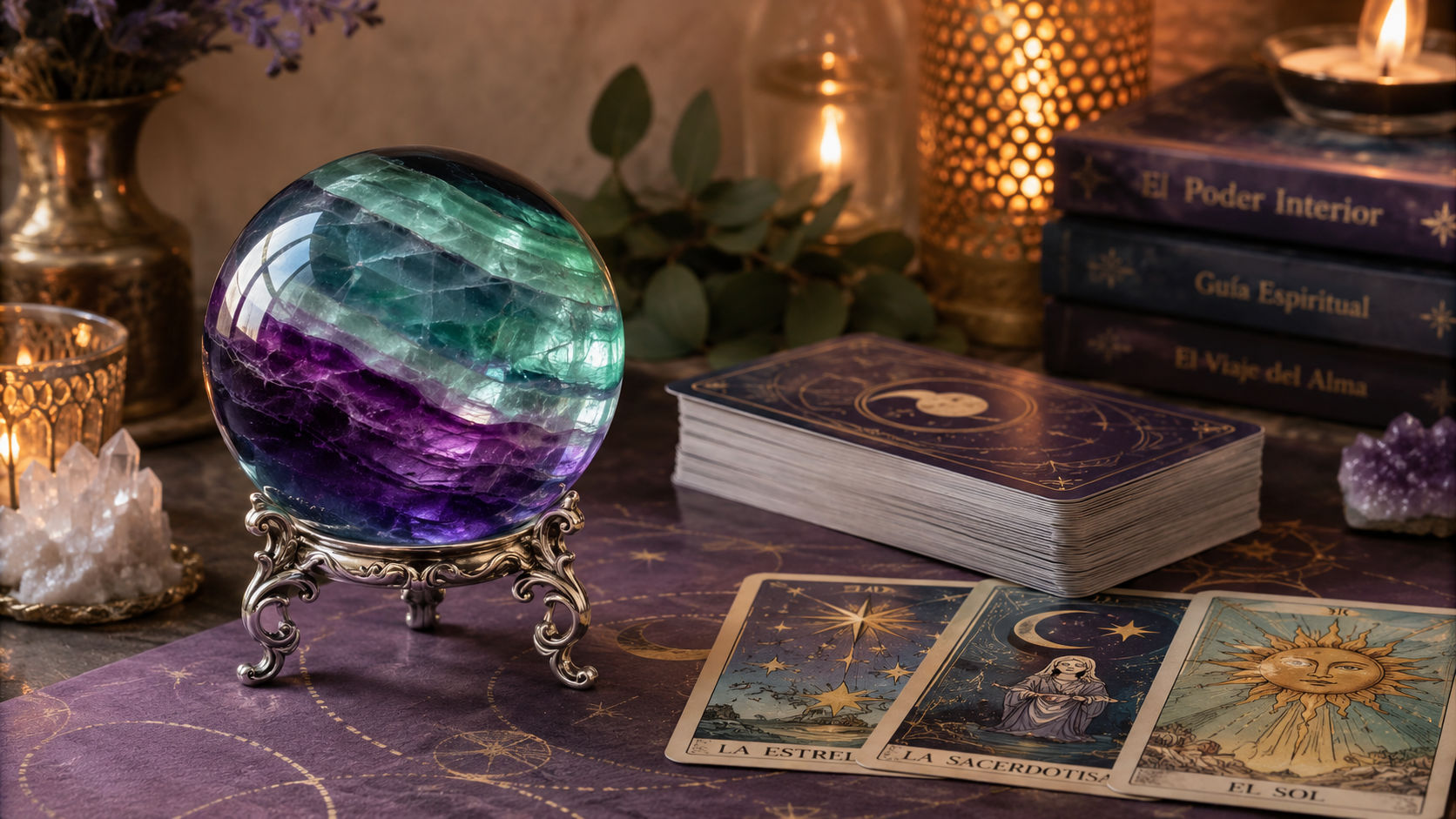 Esfera de Fluorita junto al tarot para limpiar el canal de la intuición y aportar discernimiento.