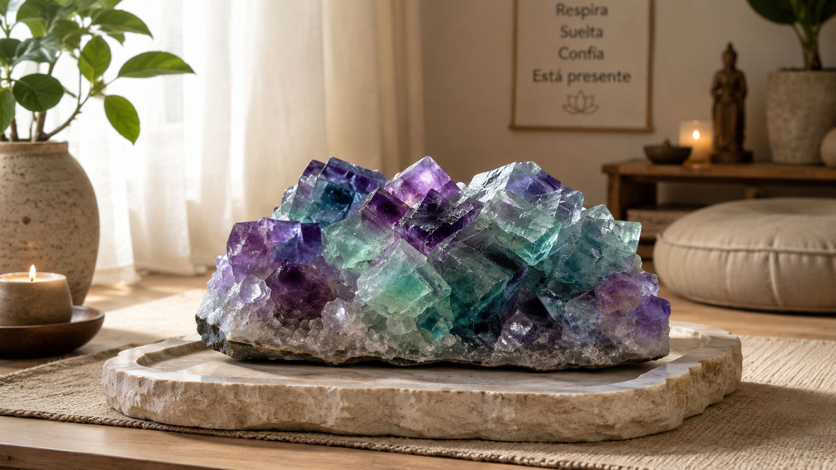 Fluorita en bruto en el salón para estabilizar la energía del ambiente y ahuyentar el caos exterior.